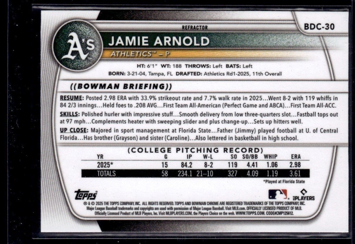 JAMIE ARNOLD 2025 BOWMAN DRAFT CHROME REFRACTOR ATHLETICS #BDC-30 1ST BOWMAN