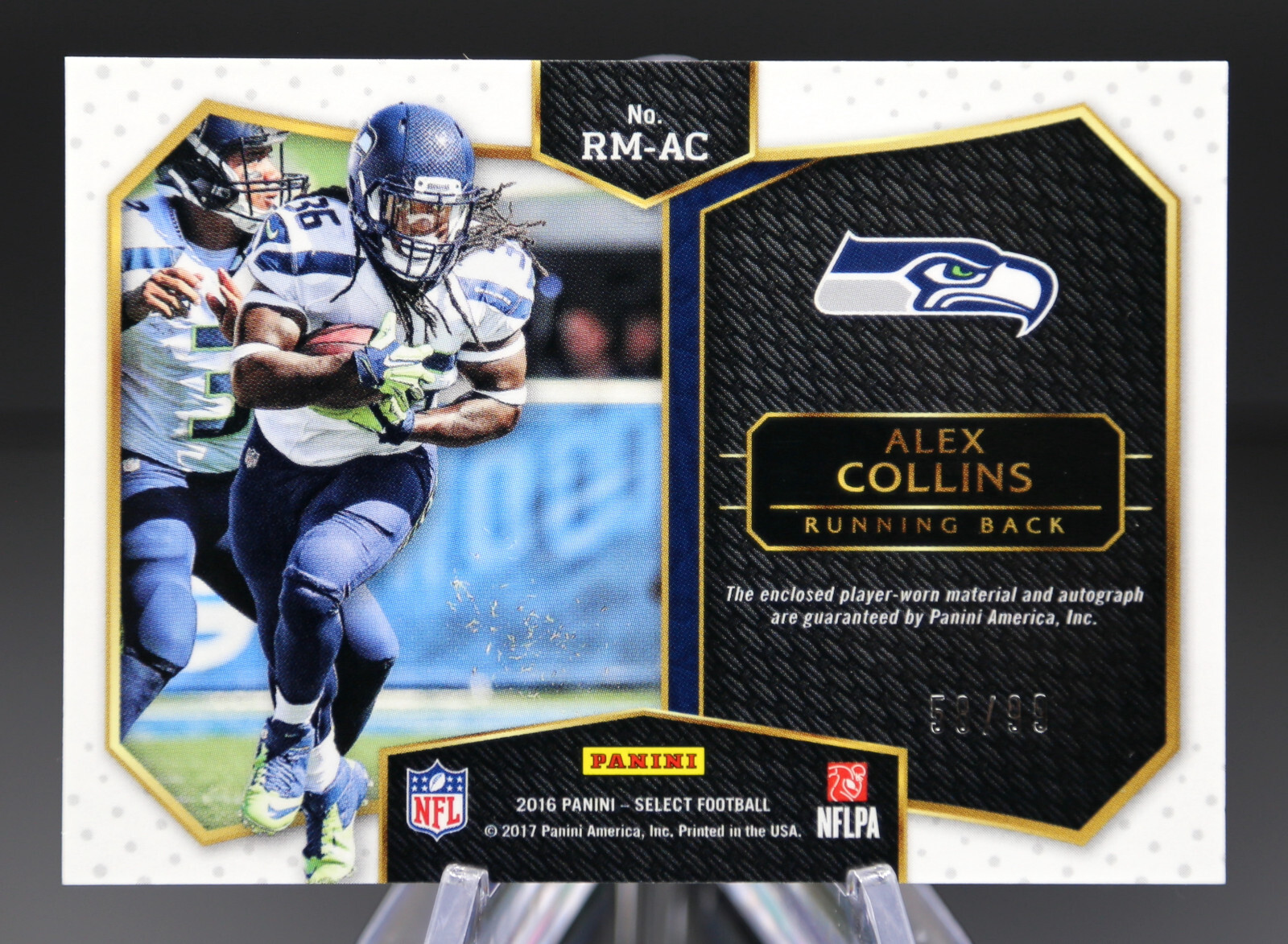 2016 Panini Select ALEX COLLINS #RM-AC Rookie Materials Prizm Patch Auto /99 🏈