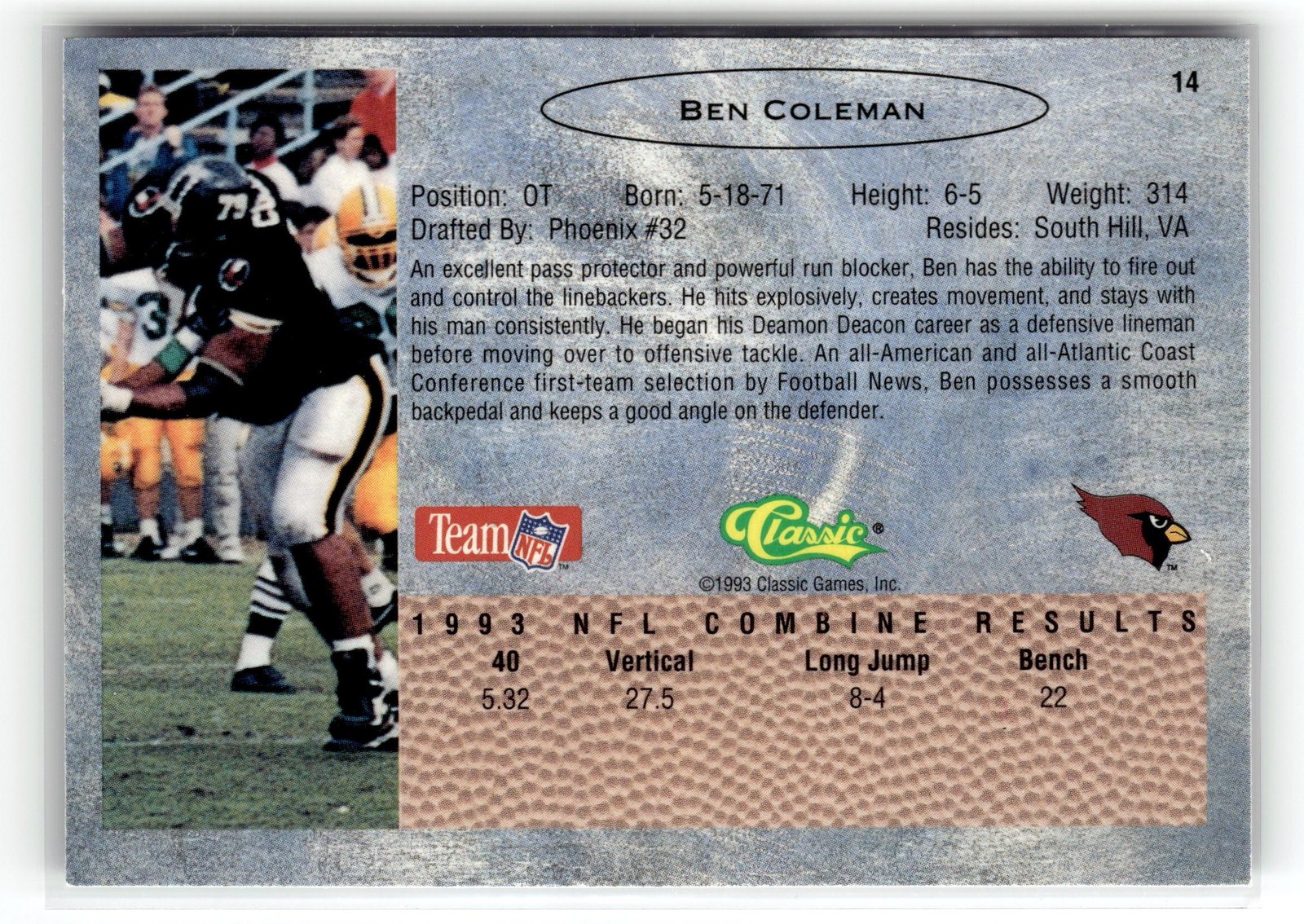 Ben Coleman 1993 Classic Phoenix Cardinals #14