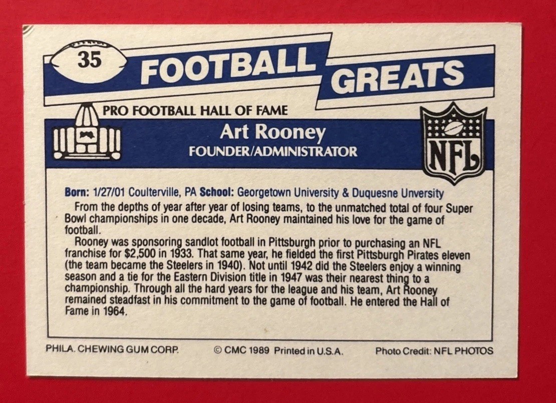 1989 Swell Art Rooney #35 Football Card NFL HOF Vintage Pittsburgh Steelers