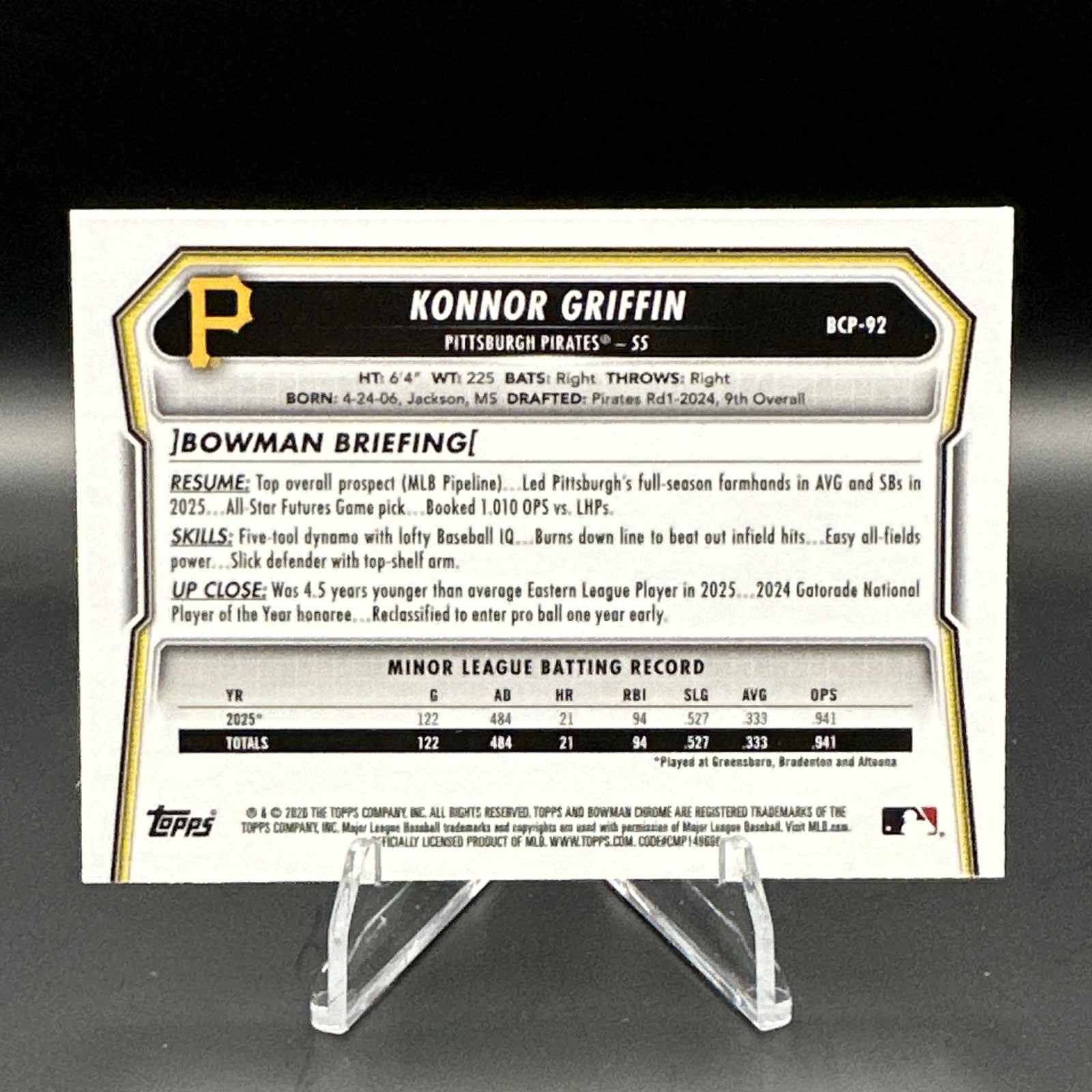 2026 Bowman Chrome Konnor Griffin Sky Blue Mojo Refractor /499 #BCP-92 Pirates