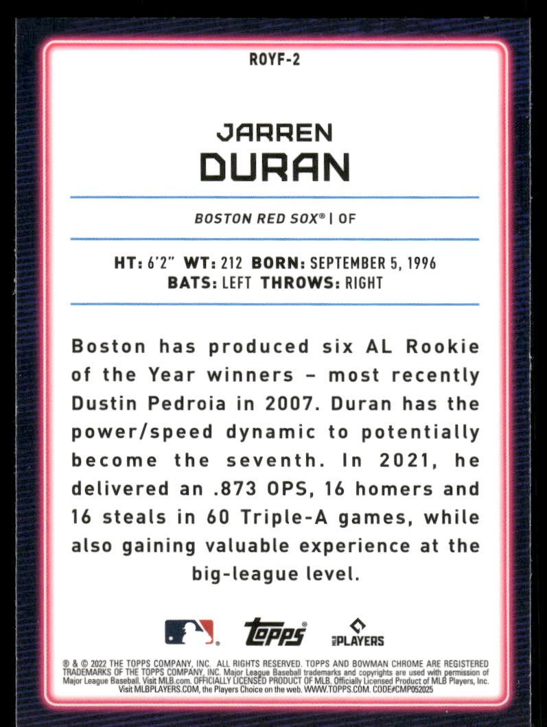 2022 Bowman #ROYF-2 Jarren Duran Rookie of the Year Favorites Mojo Refractors