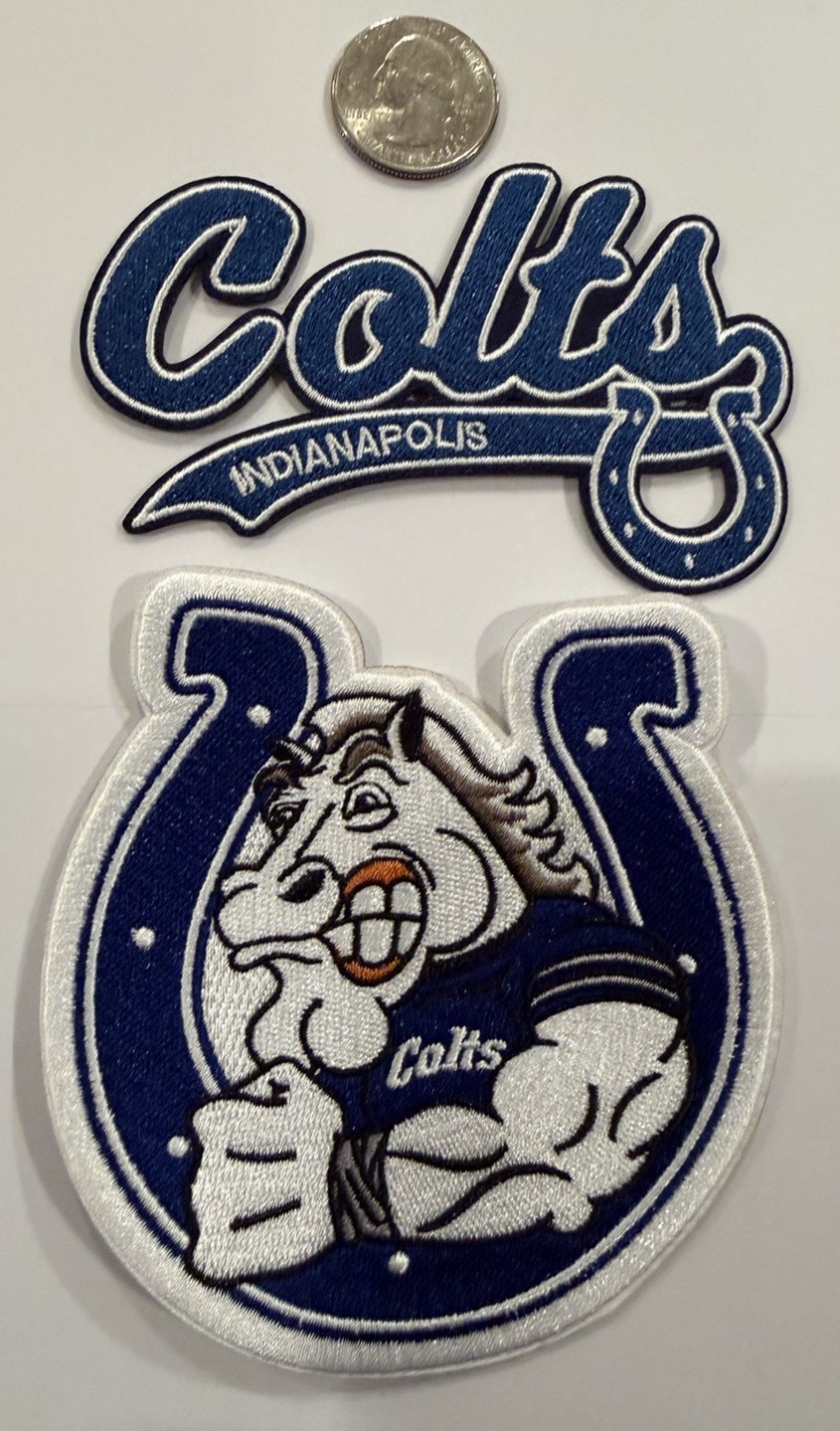 (2)-INDIANAPOLIS COLTS VINTAGE STYLE IRON ON PATCHES 4”x 2.5” & 4”x 3.5” Wow!