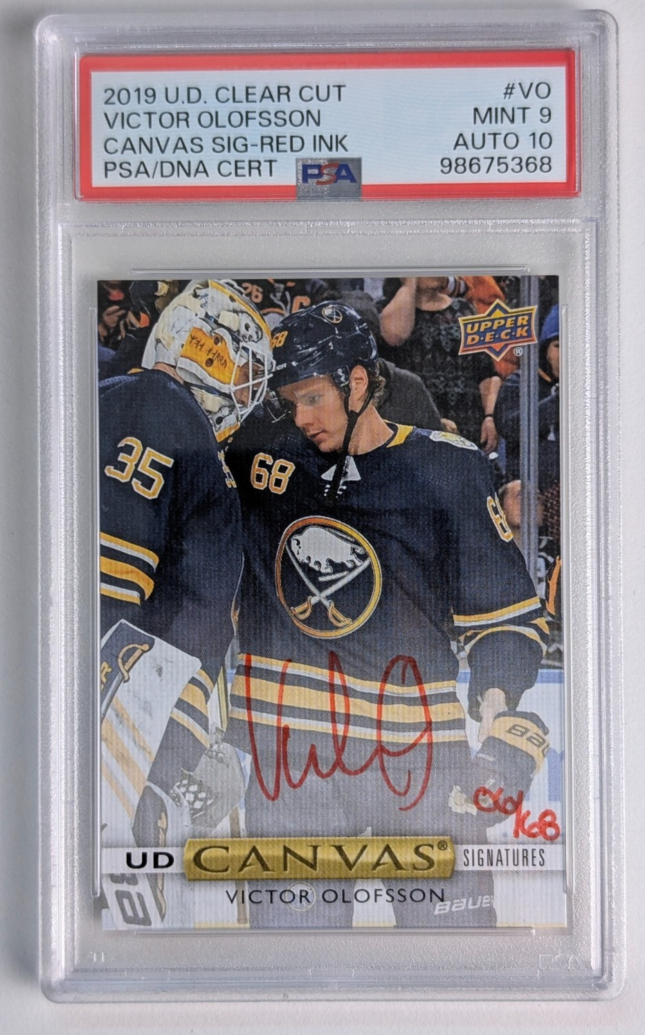 2019-20 UD Clear Cut UD Canvas Red Auto Victor Olofsson 06/68 PSA 9, Auto 10