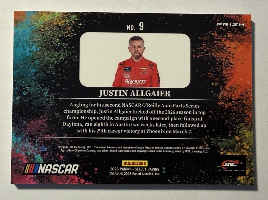 2026 Panini Select – Black Colorblast – Justin Allgaier #9 SSP