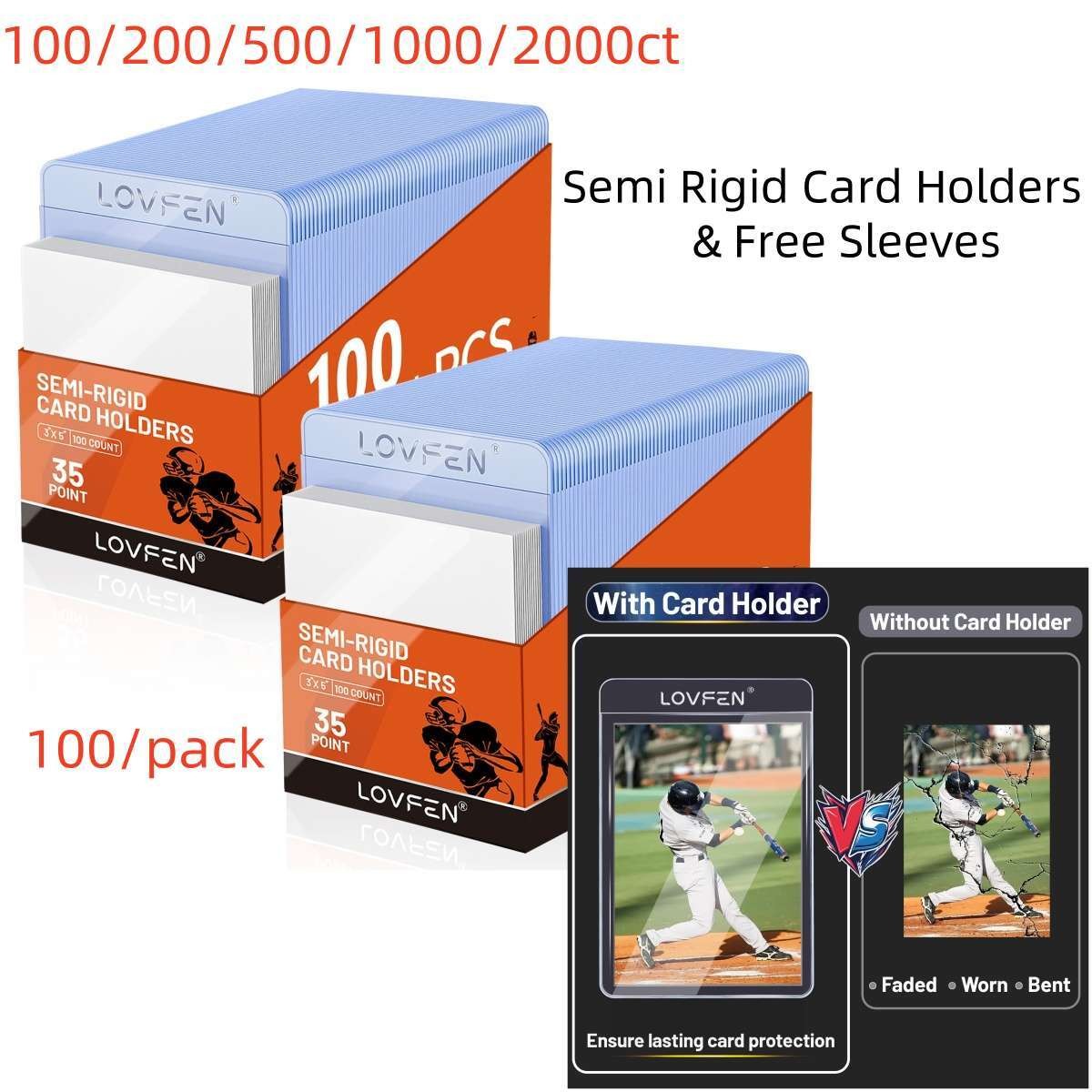 200/500/1000CT Semi Rigid Card Holders + Free Sleeves For 35pt Standard Trading