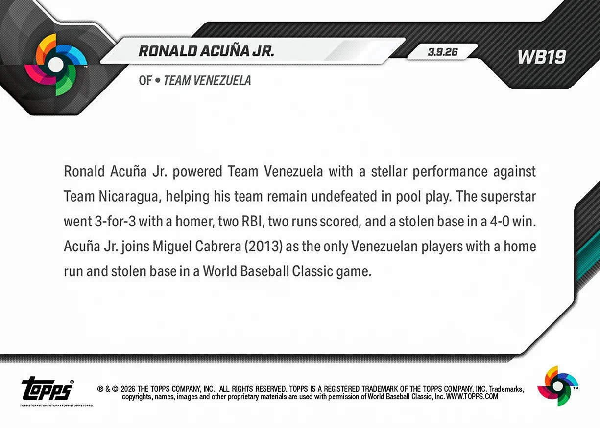 2026 Topps Now WBC WB19 Ronald Acuna Jr. Venezuela Joins Miguel Cabrera