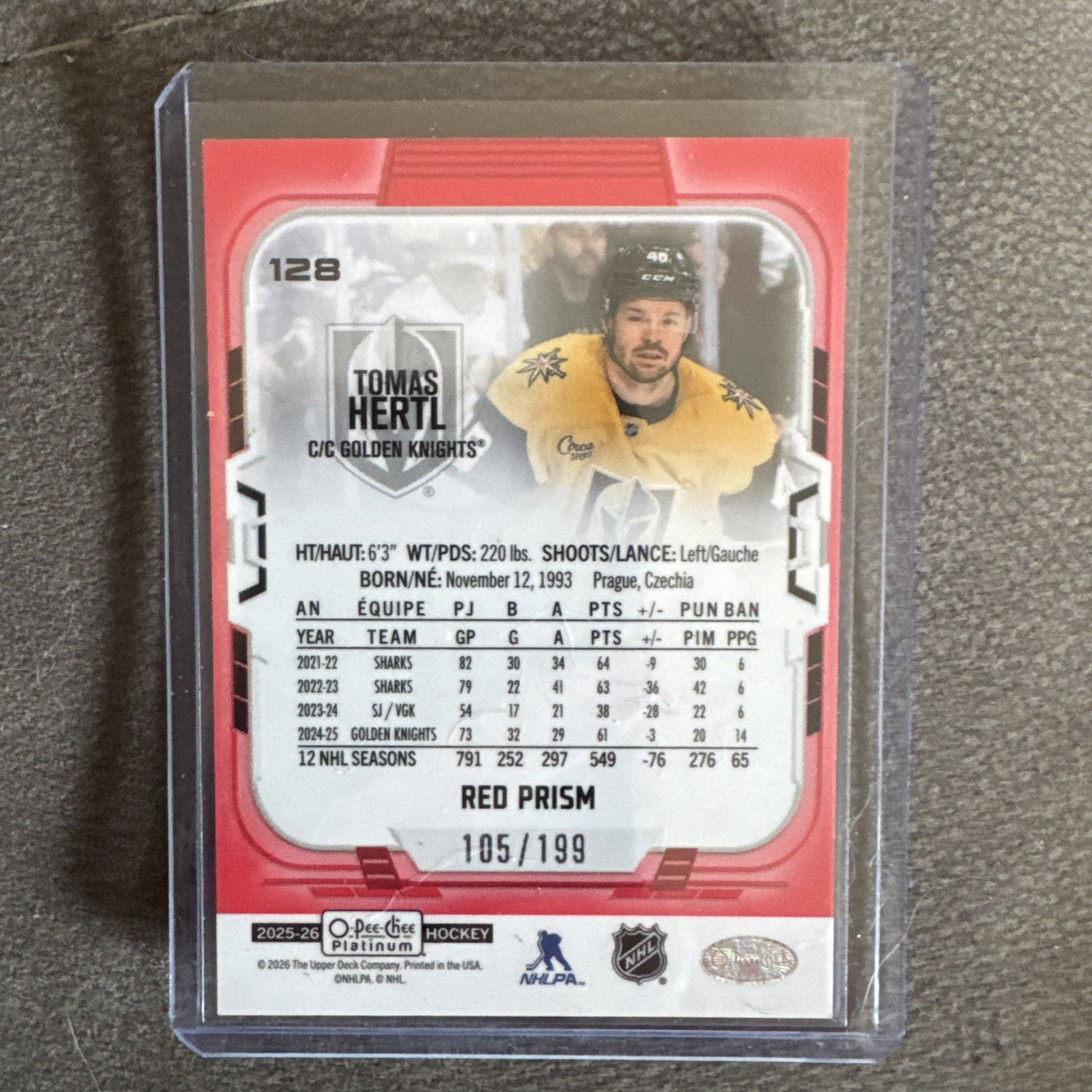 2025-26 OPC O-Pee-Chee Platinum Red Prism Tomas Hertl #/199 Golden Knights