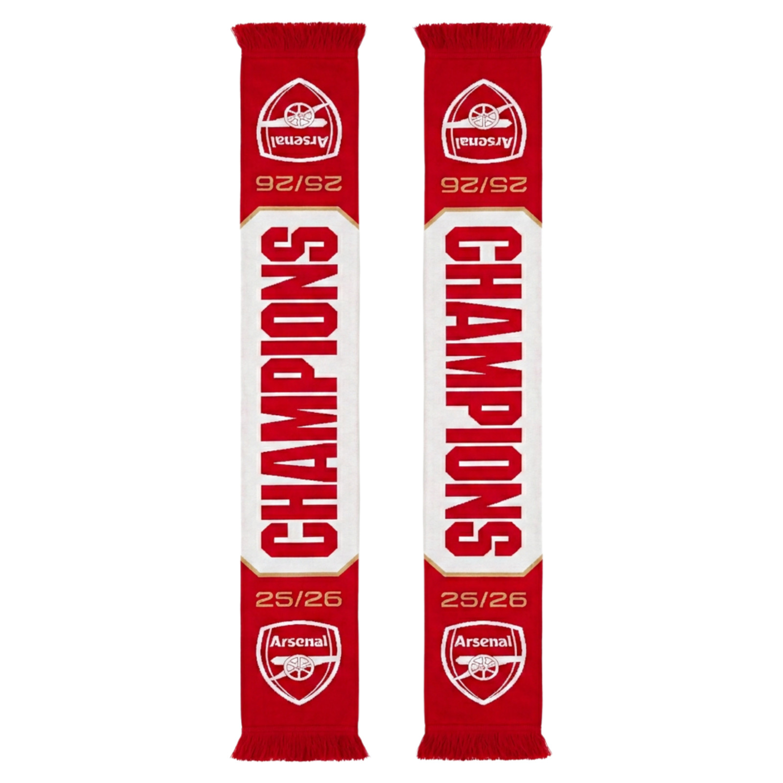 Official Arsenal FC EPL Champions 2025/26 Soccer Scarf Red White Gold Knit Fring