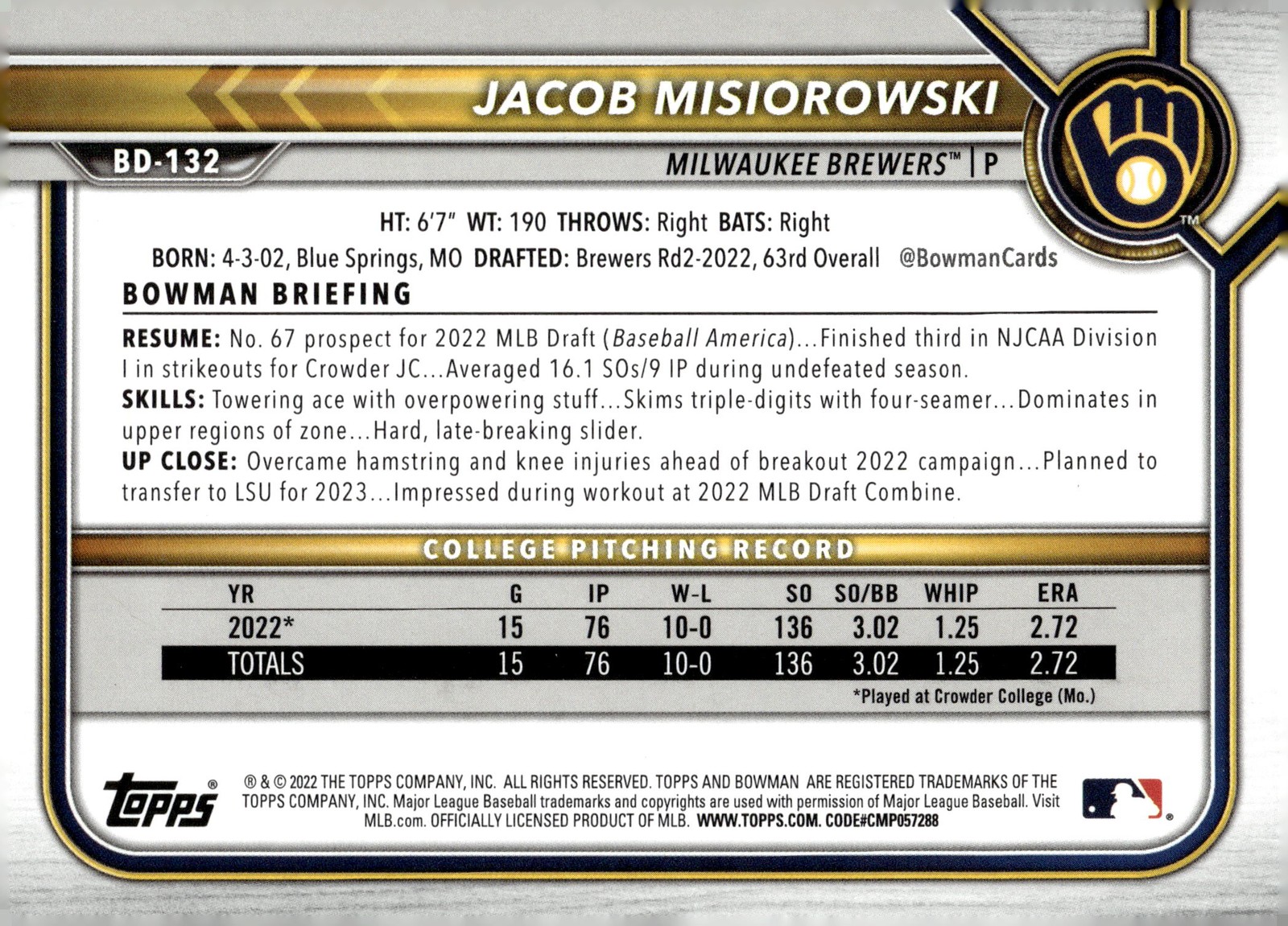 2022 Bowman Draft #BD-132 Jacob Misiorowski