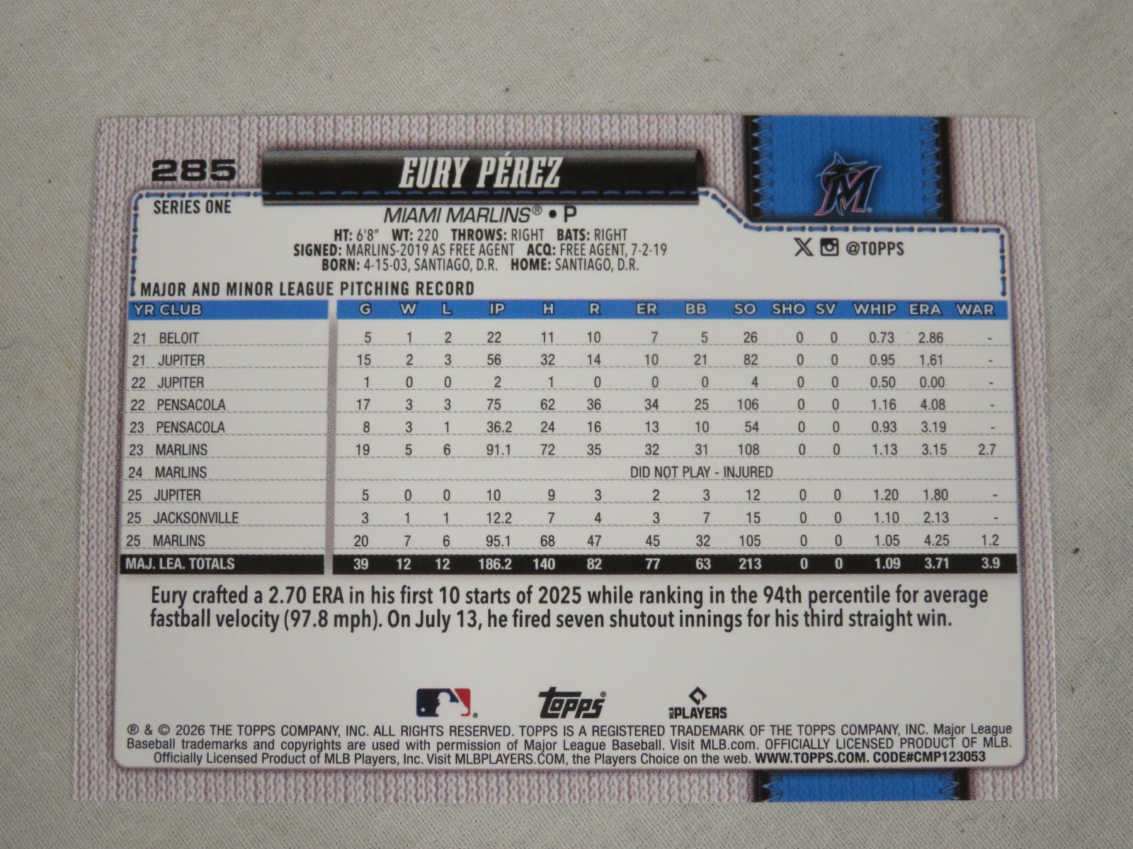 2026 Topps Series 1 Eury Perez #285 Green Holo Foil Miami Marlins