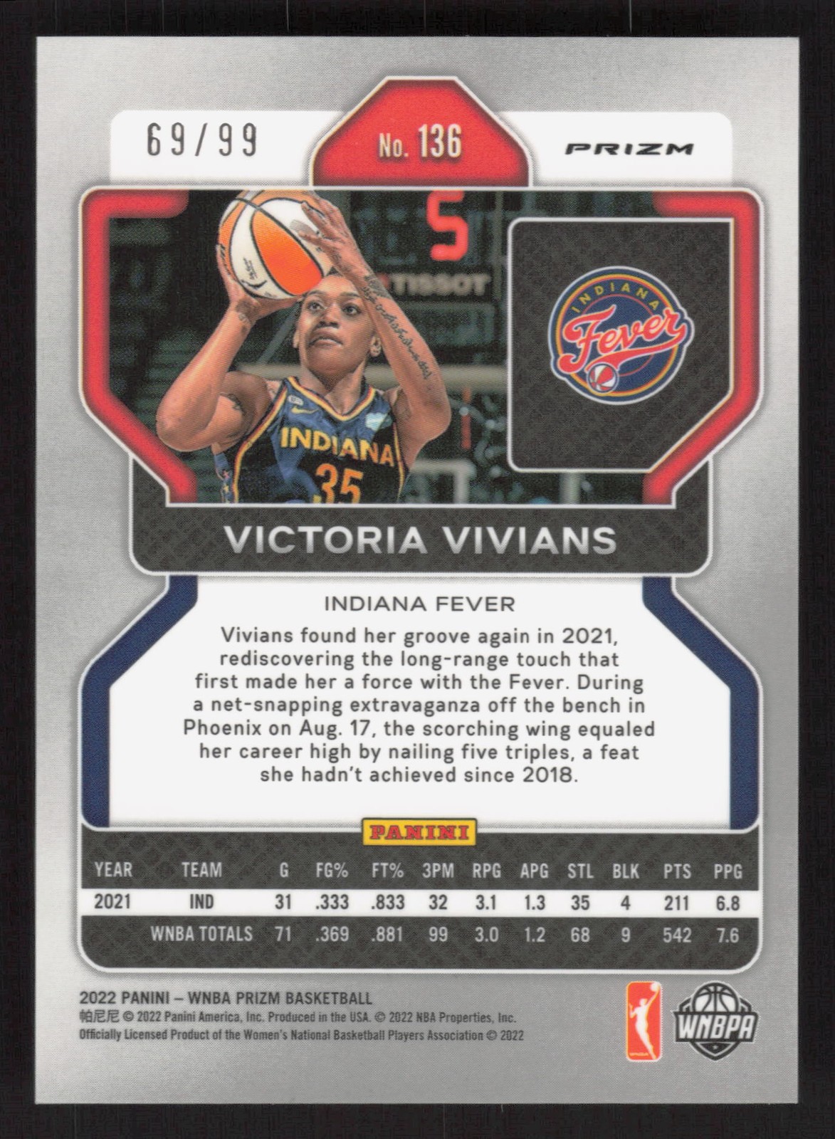 2022 Panini Prizm WNBA #136 Victoria Vivians Purple #/99