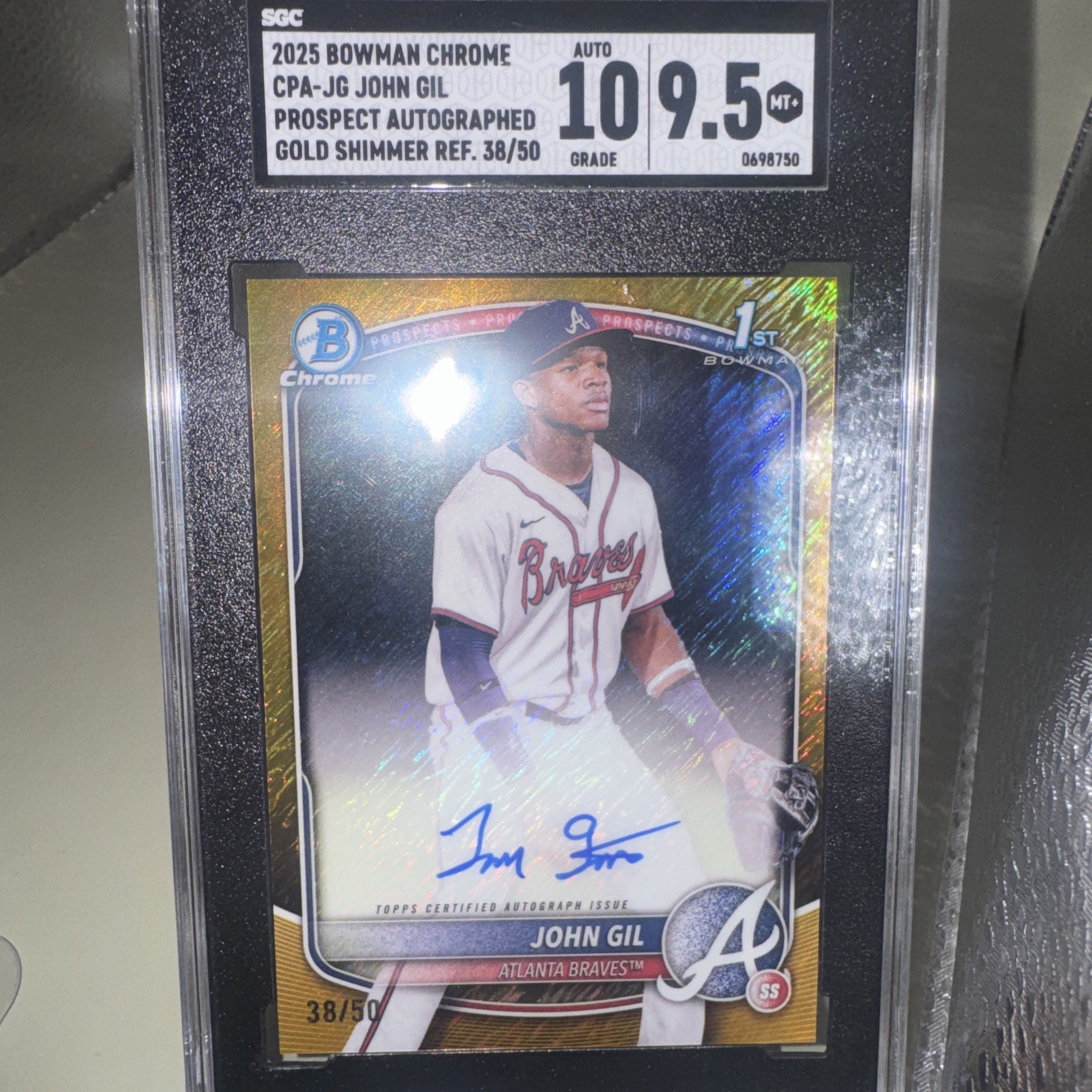 John Gil 2025 1st Bowman Auto Gold Shimmer /50 Au Rc SGC MT 9.5 Braves