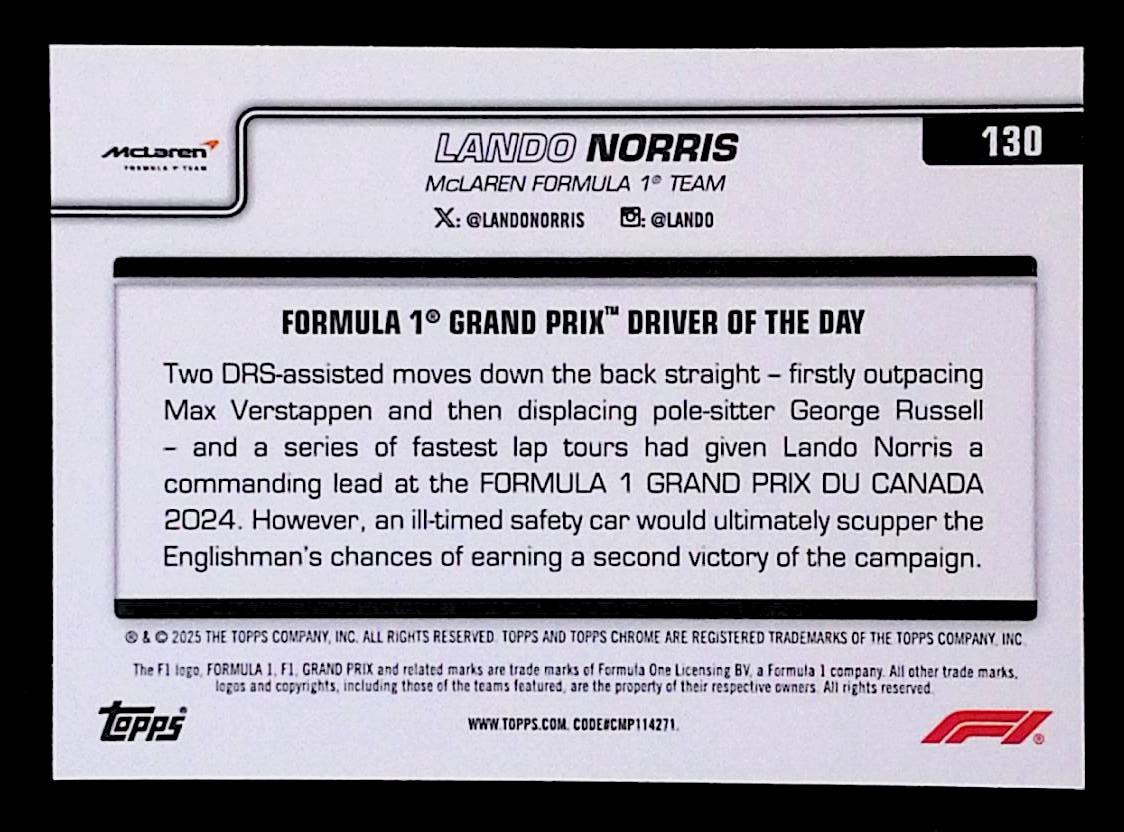 Lando Norris 2025 Topps Chrome Formula 1 #130 McLaren F1
