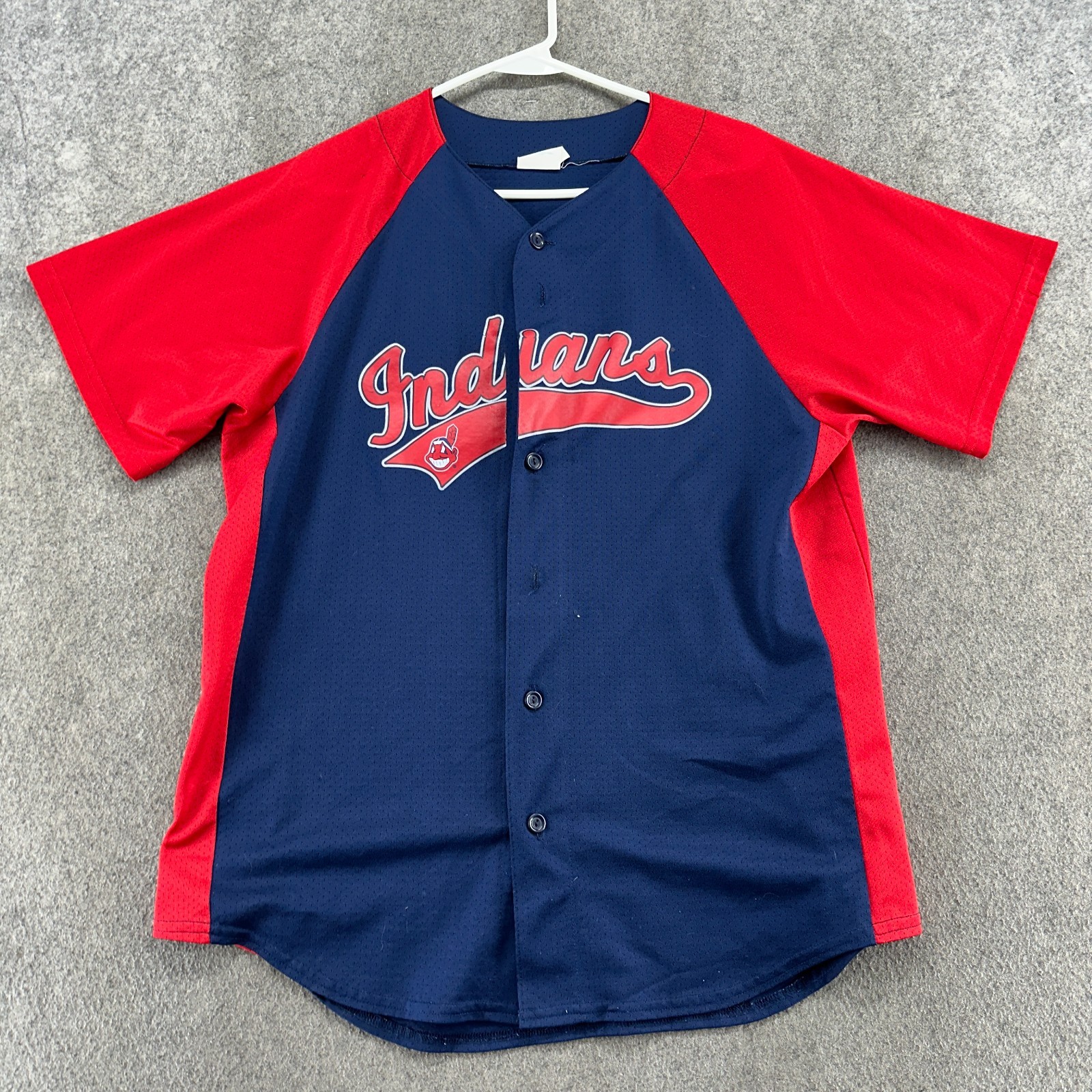 VTG Cleveland Indians Jersey Mens L Blue Red Baseball MBL Off The Bench USA 90s