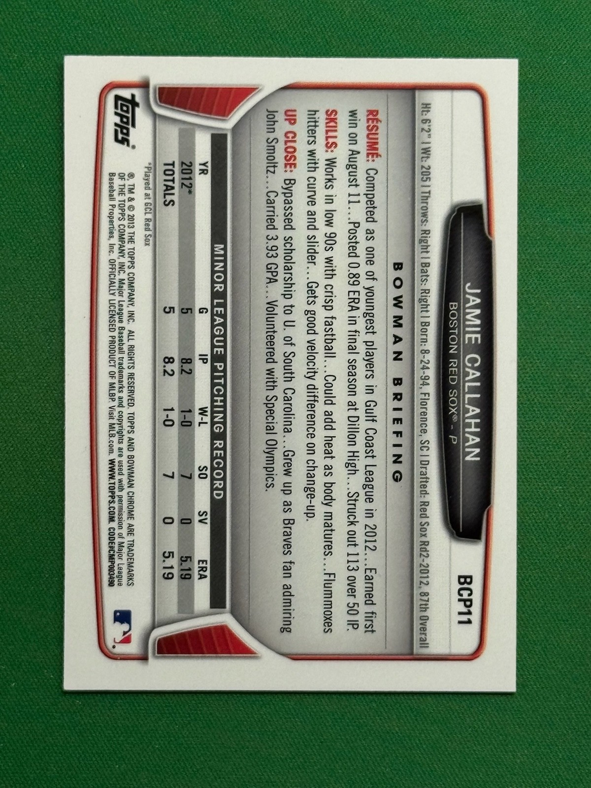 2013 Bowman Baseball Chrome Prospects #BCP11 Jamie Callahan