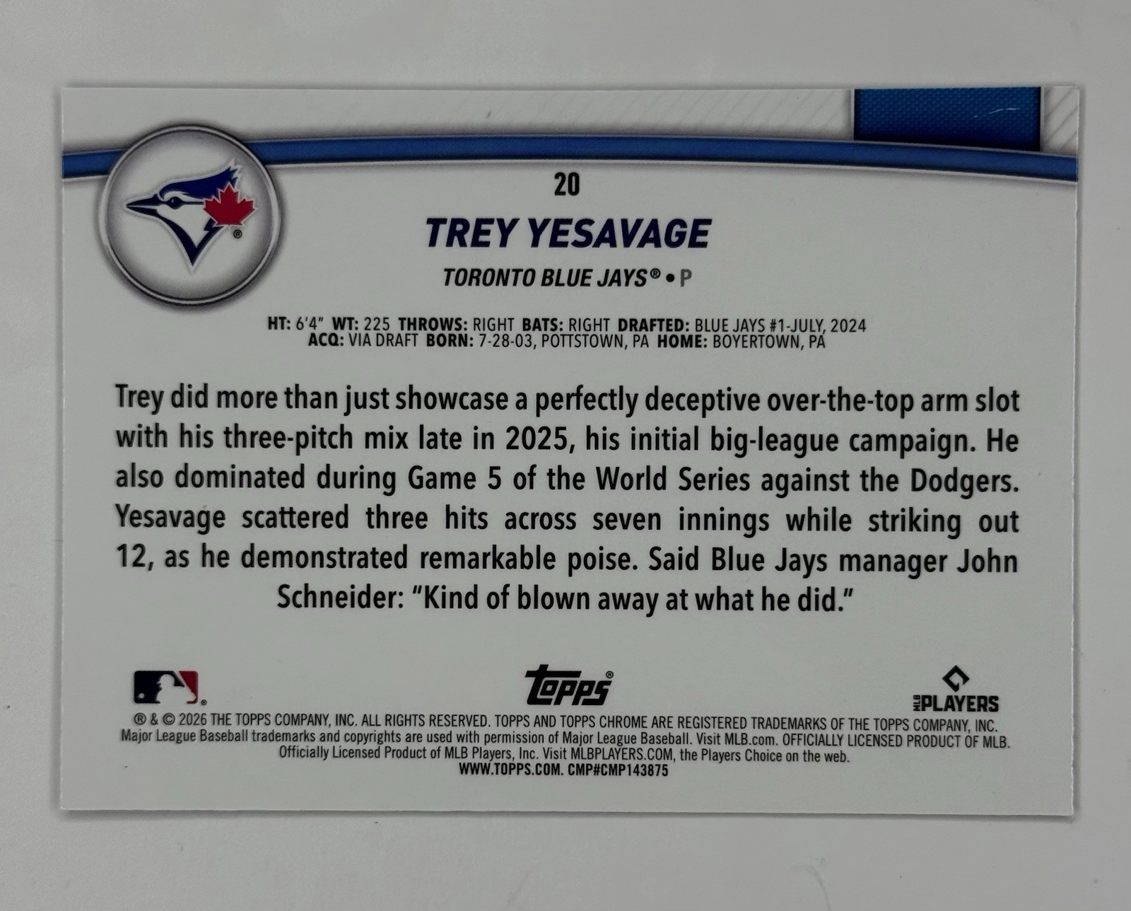 2026 Topps Chrome Flagship Collection Trey Yesavage Purple Refractor RC 04/75 SP
