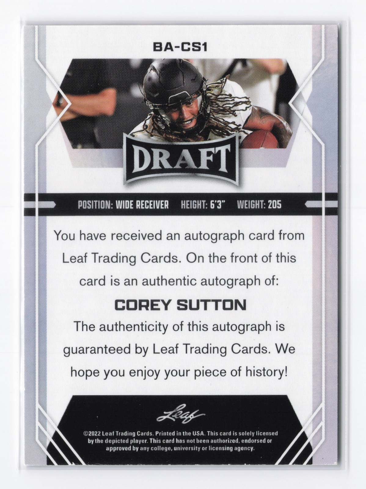 COREY SUTTON 2022 Leaf Draft Auto #BA-CS1