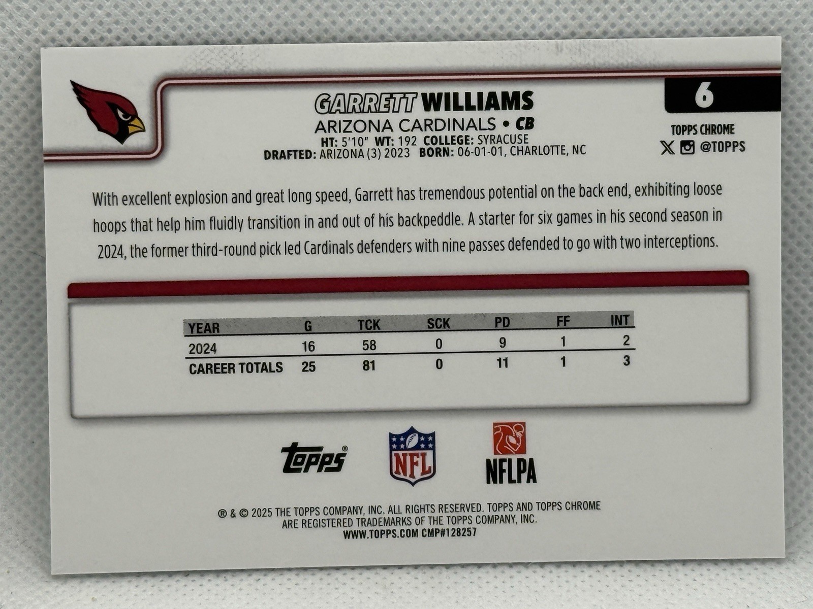 2025 Topps Chrome Garrett Williams #6 Football Leather Black Refractor 04/10 🔥