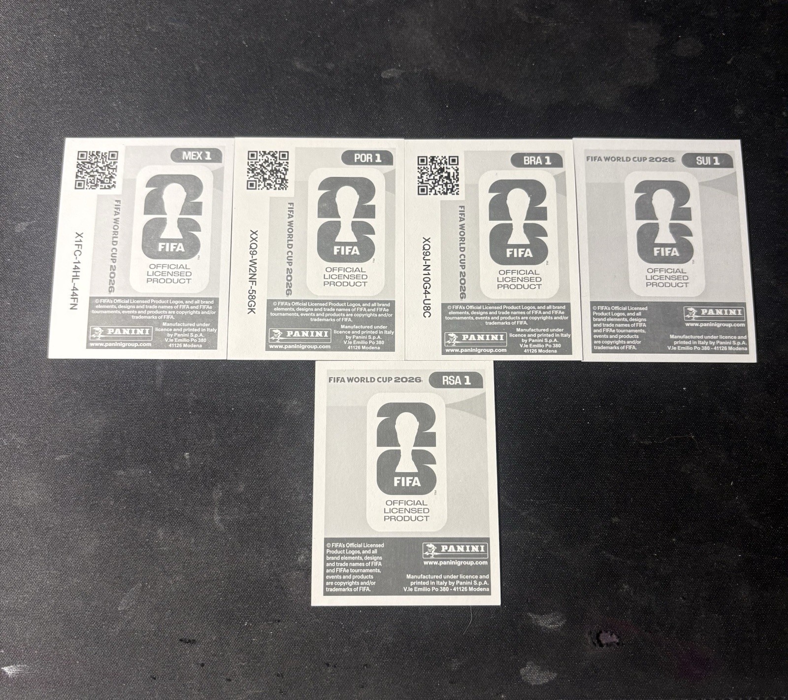 Lot Of 5 Panini World Cup Stickers – MEX 1, RSA 1, POR 1, BRA 1, & SUI 1