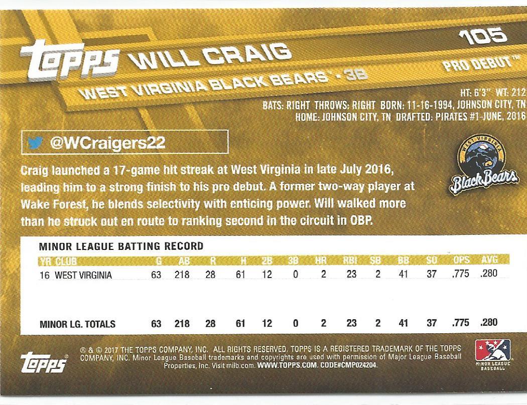 Will Craig Pittsburgh Pirates 2017 Topps Pro Debut
