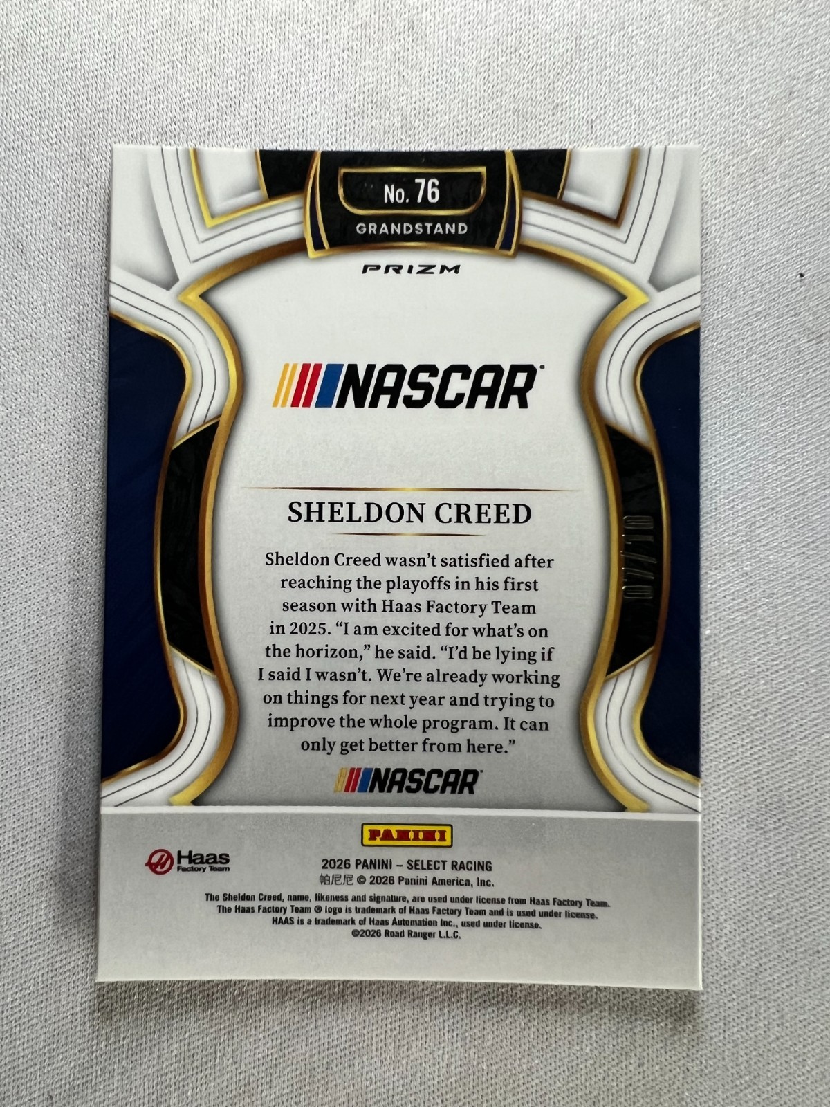 2026 Panini Select NASCAR Racing SHELDON CREED Grandstand Gold Parallel SP # /10