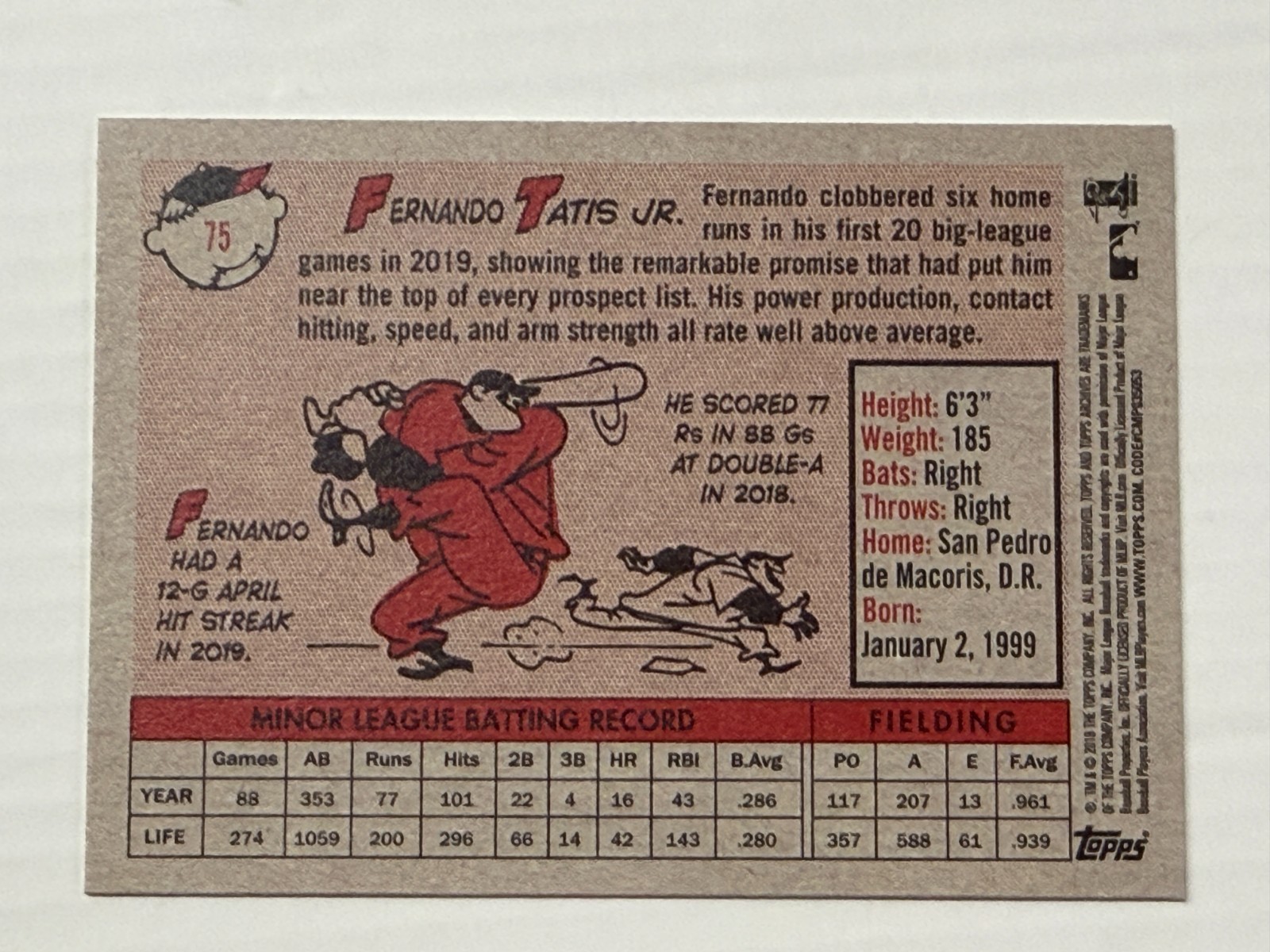Fernando Tatis Jr Topps 2019 Archives Rookie 1958 Design Card #75 Padres