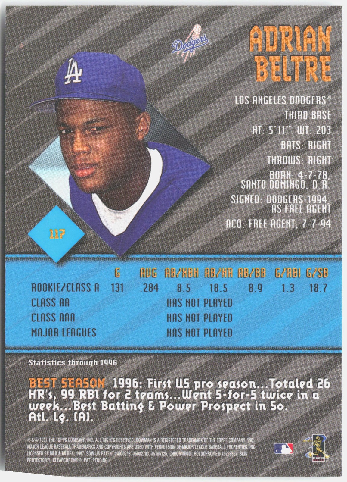 1997 Bowman’s Best #117 Adrian Beltre Rookie