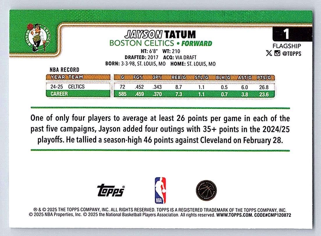 JAYSON TATUM CELTICS 2025-26 TOPPS #1