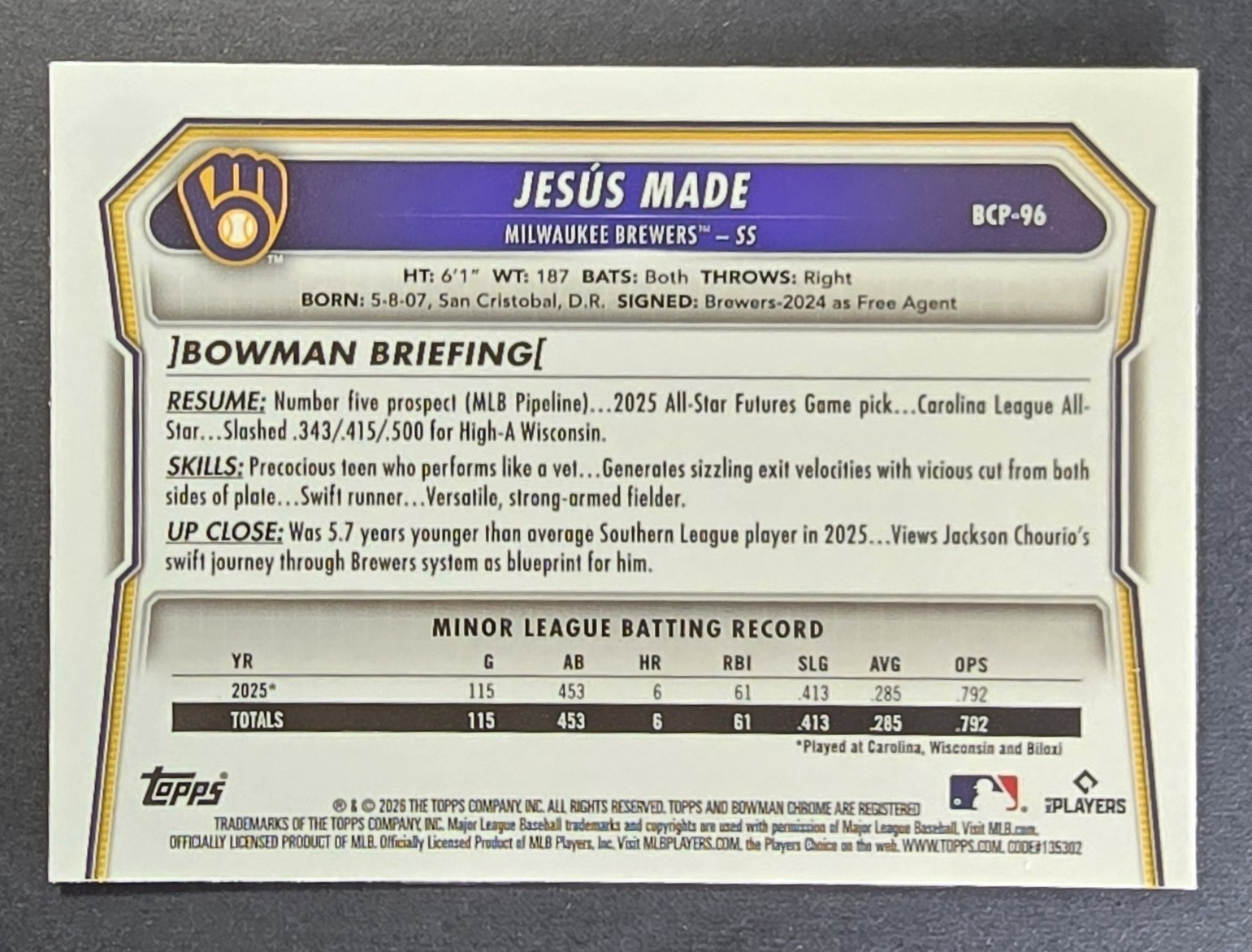 2026 Bowman Jesus Made Chrome Prospects Lazer Refractor #BCP-96 Brewers