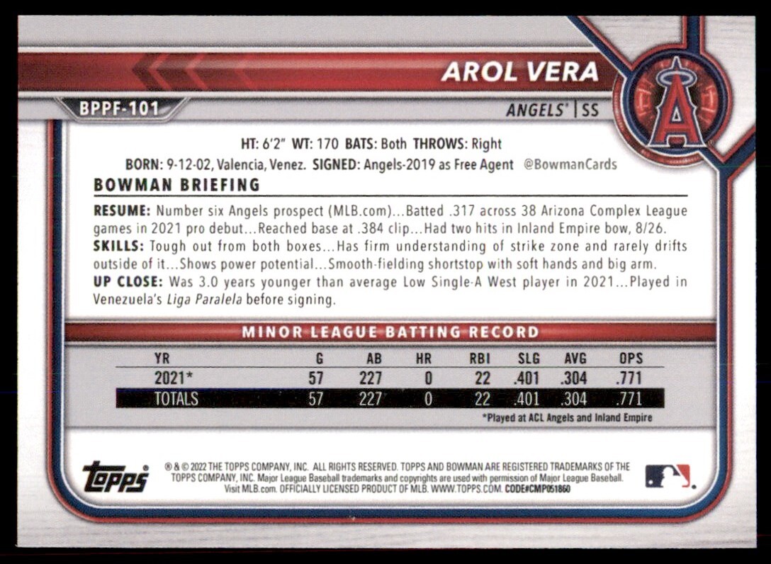 Arol Vera 2022 Bowman 1st Edition Rookie First Card #BPPF-101 Los Angeles Angels
