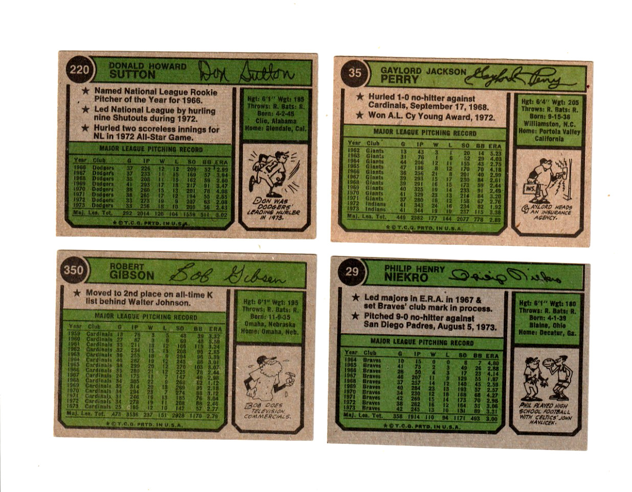 1974 Topps Baseball Lot Of 4 HOF’ers Gibson.Niekro,Perry,Sutton