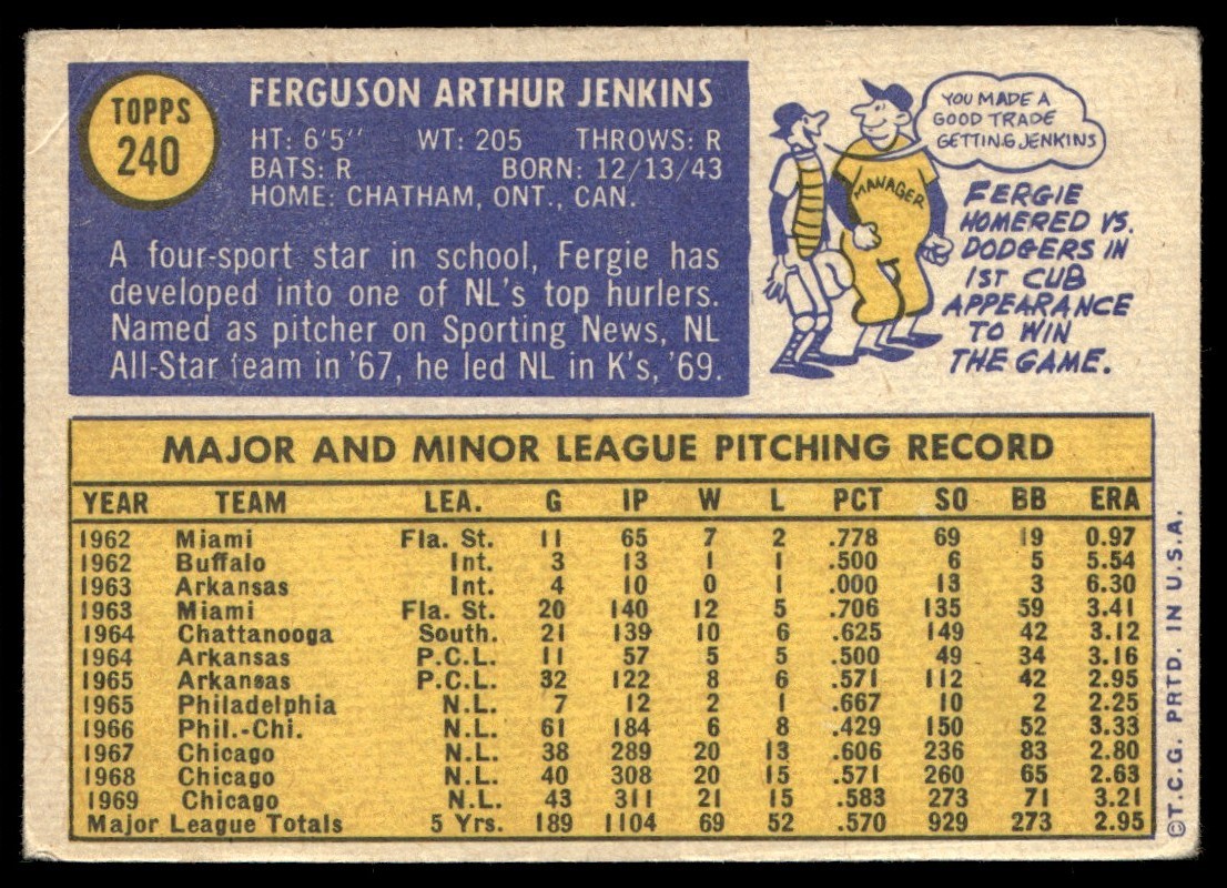 1970 Topps Baseball Card Fergie Jenkins Chicago Cubs #240 VG