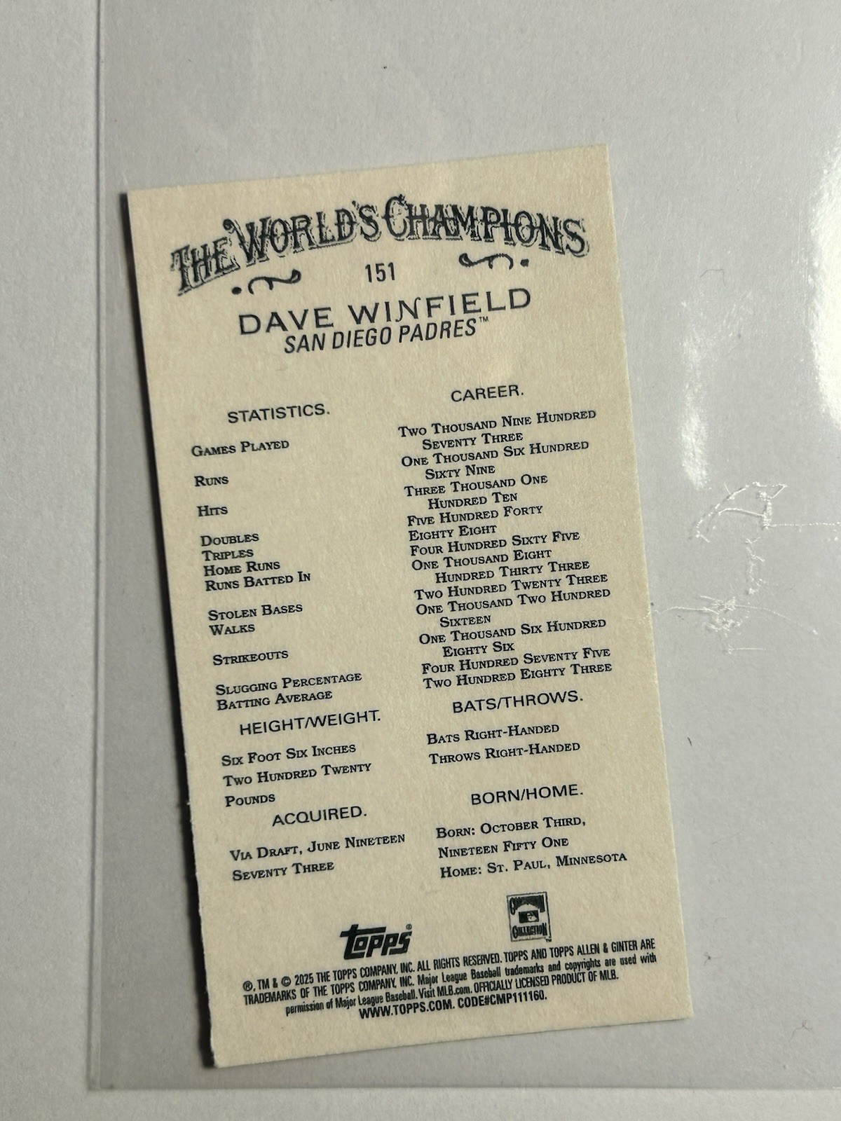 2025 Allen & Ginter Mini Gold Border #151 Dave Winfield Padres SP