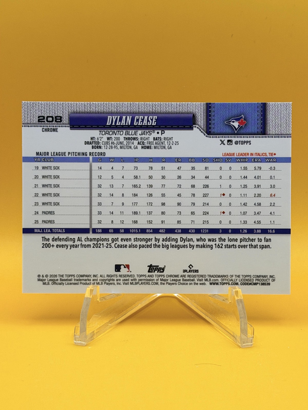 2026 Topps Chrome #208 Dylan Cease Red White and Blue Refractors