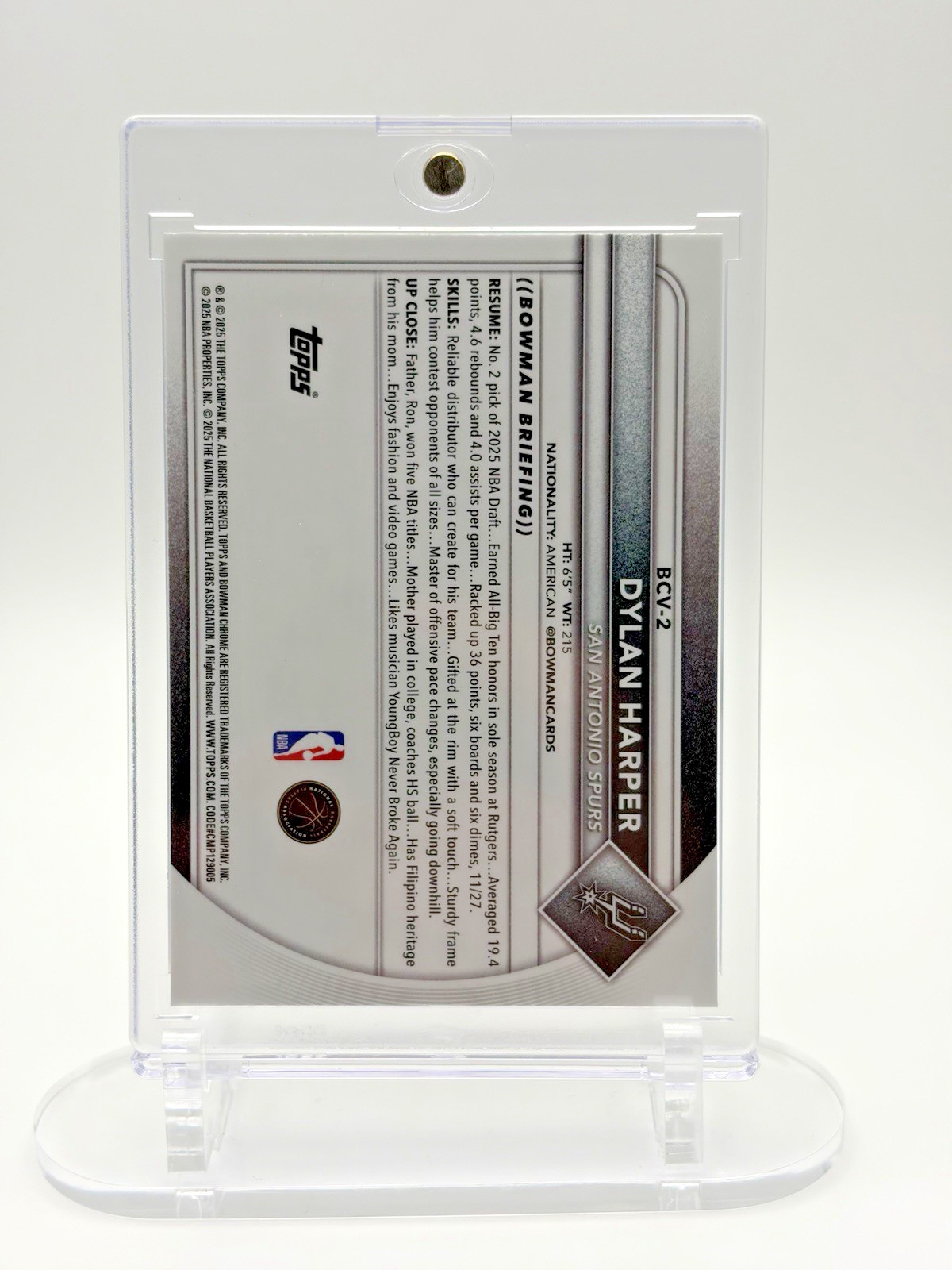 2025-26 Bowman Basketball #BCV-2 Dylan Harper Chrome Rookie San Antonio Spurs