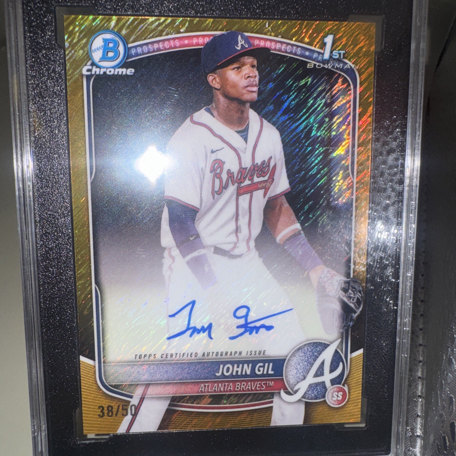 John Gil 2025 1st Bowman Auto Gold Shimmer /50 Au Rc SGC MT 9.5 Braves
