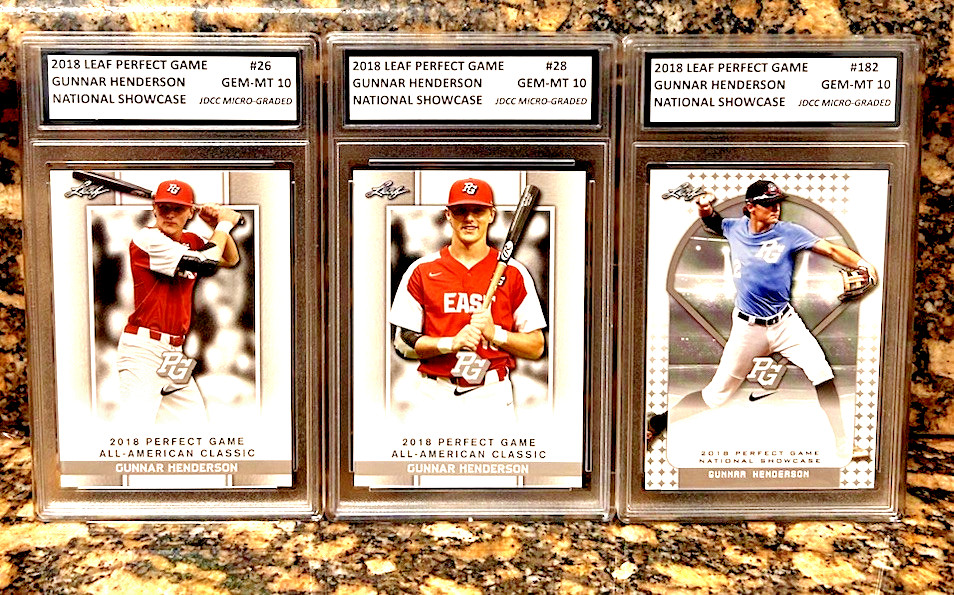3 GUNNAR HENDERSON 2018 LEAF PERFECT GAME Graded GEM-MT 10 ROOKIE LOT #26/28/182