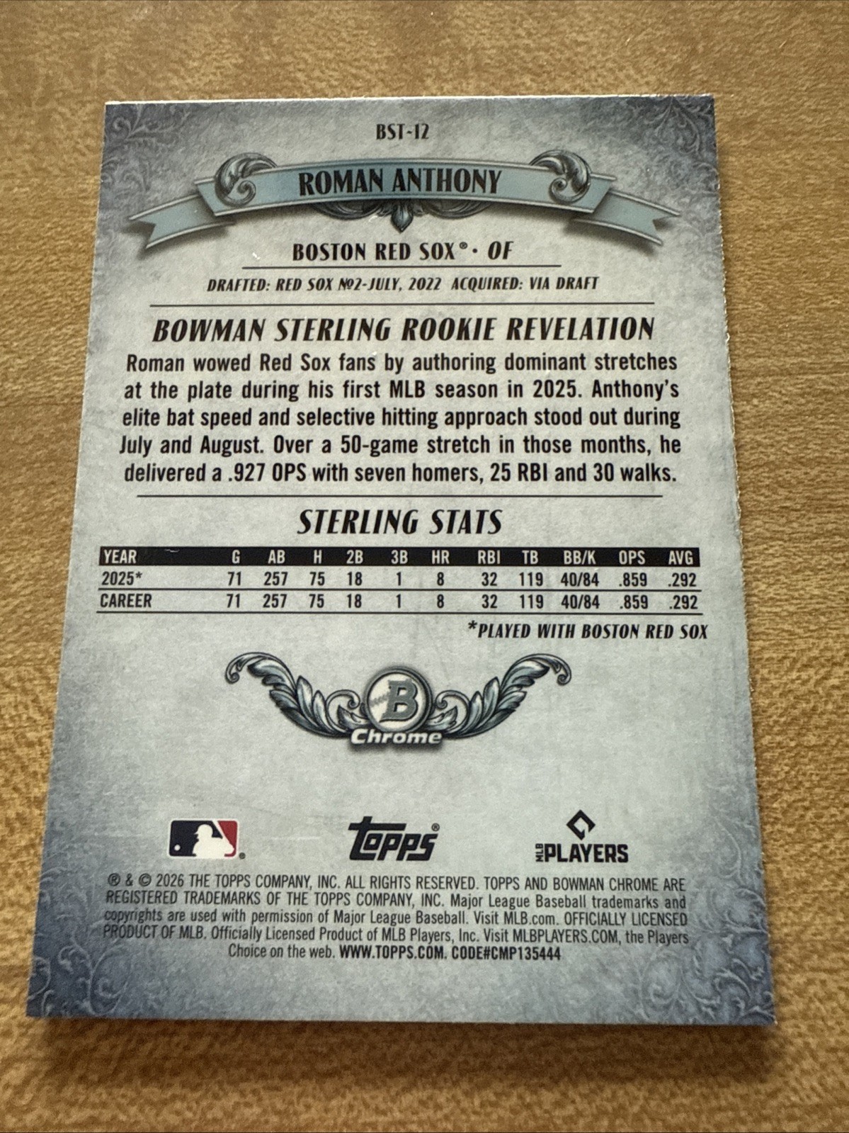 2026 Bowman Roman Anthony RC Bowman Sterling Chrome Refractor Red Sox