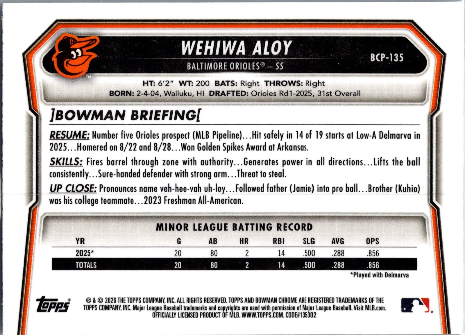 2026 Bowman #BCP-135 Wehiwa Aloy Chrome Prospects Lazer Refractor