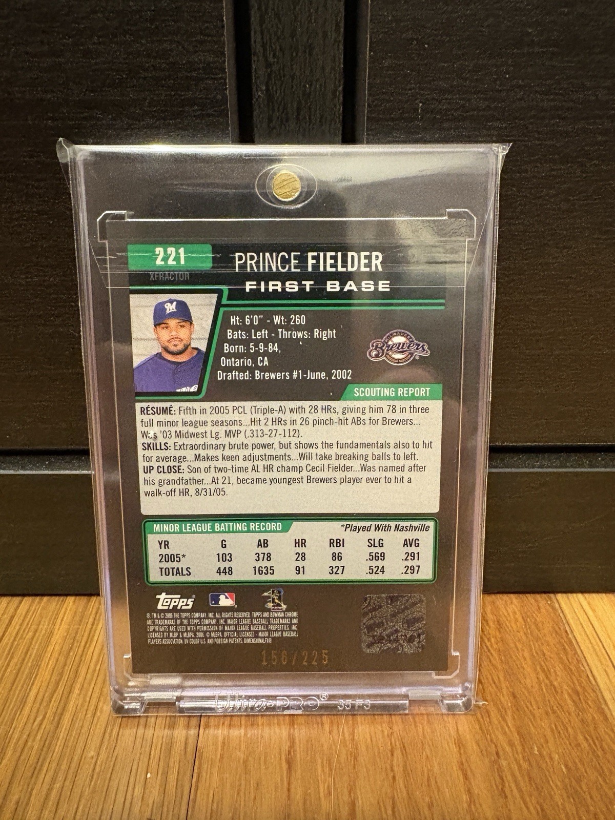 2006 Bowman Chrome #221 Prince Fielder Xfractor Auto /225 Brewers Rookie READ
