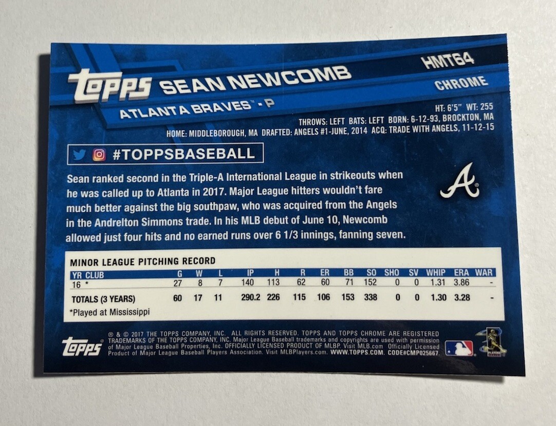 Sean Newcomb 2017 Topps Chrome Update Rookie Card #HMT64 Atlanta Braves RC