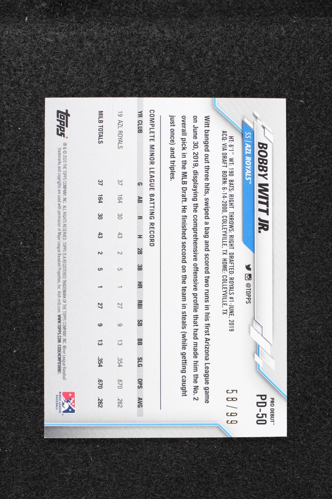 2020 Topps Pro Debut Bobby Witt Jr. #PD-50 Green 58/99 Kansas City Royals RC SSP