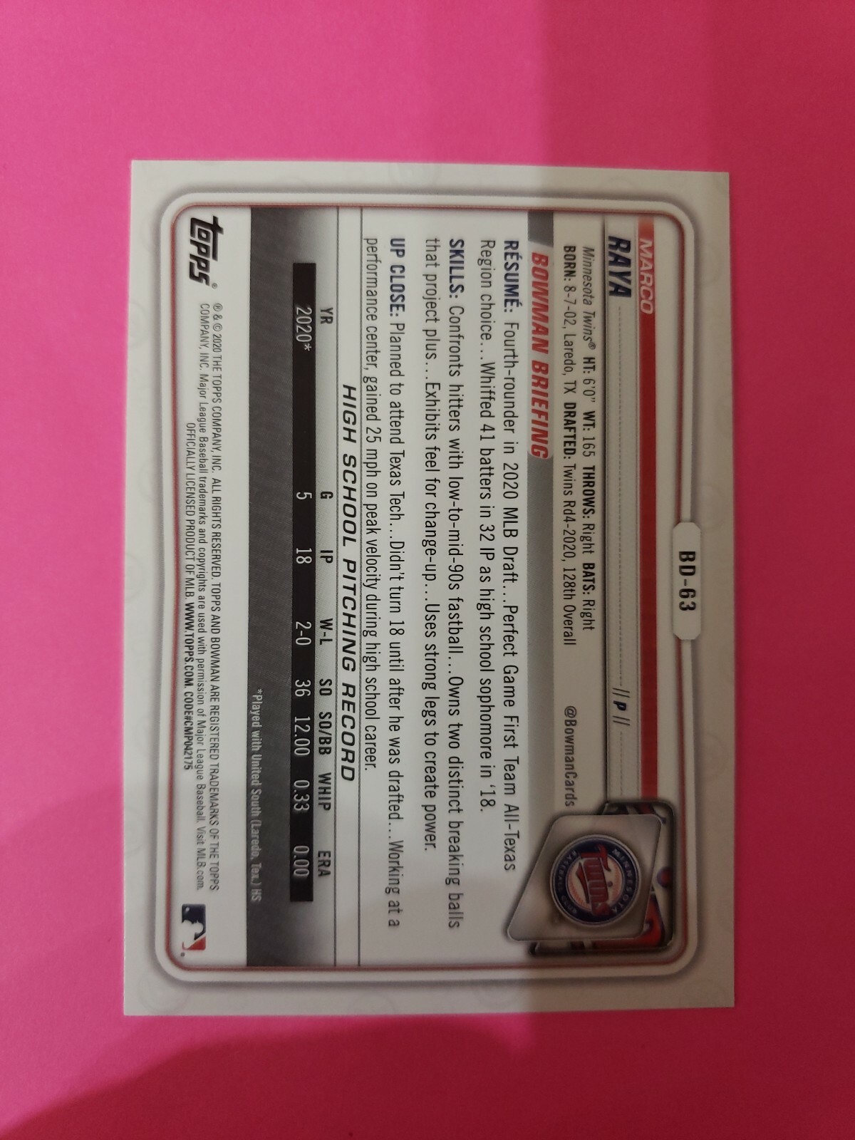 Marco Raya 2020 Bowman Draft BD-63 paper base , Minnesota Twins, Quantity