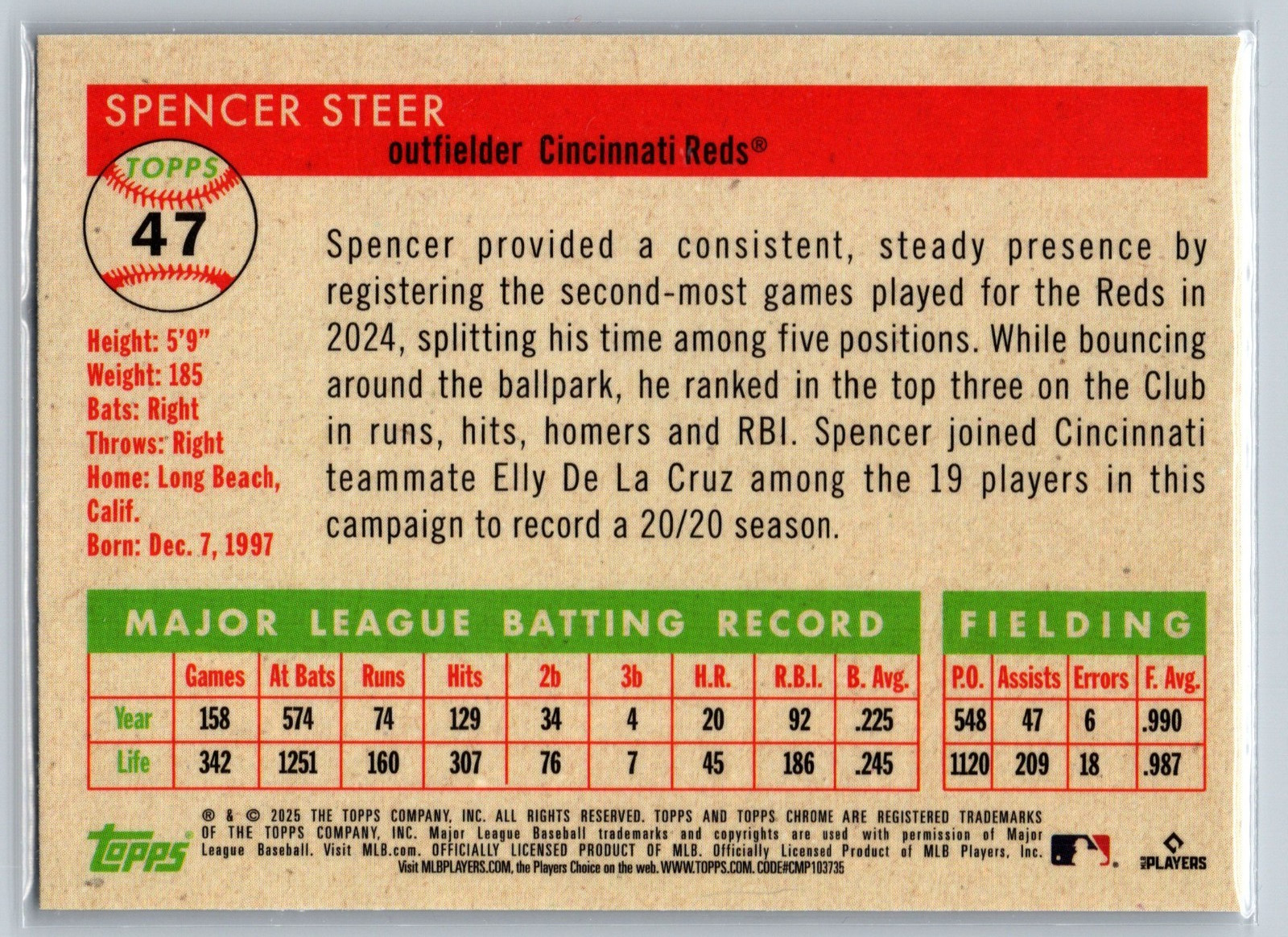 2023 Topps Chrome Platinum Spencer Steer #144 Topps Refractor 395/499 (RC)