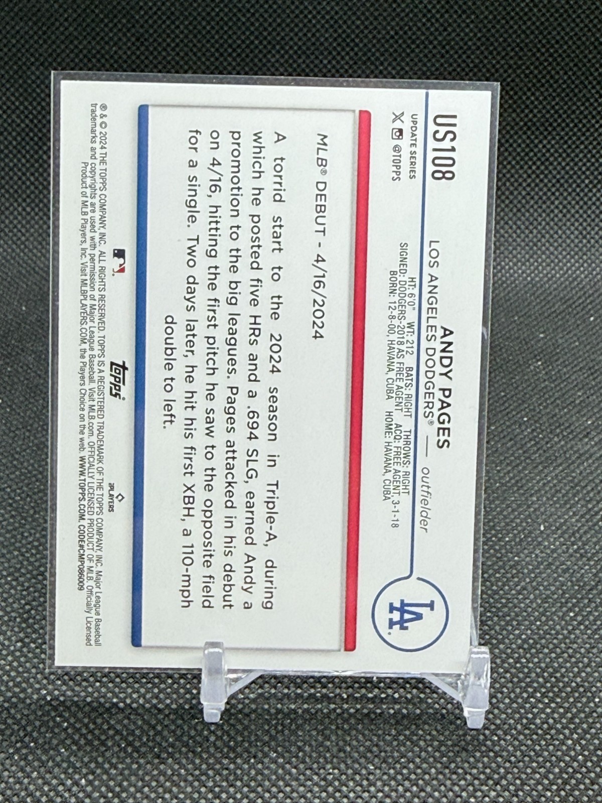 2024 Topps Update Andy Pages ROOKIE #US108 – Los Angeles Dodgers