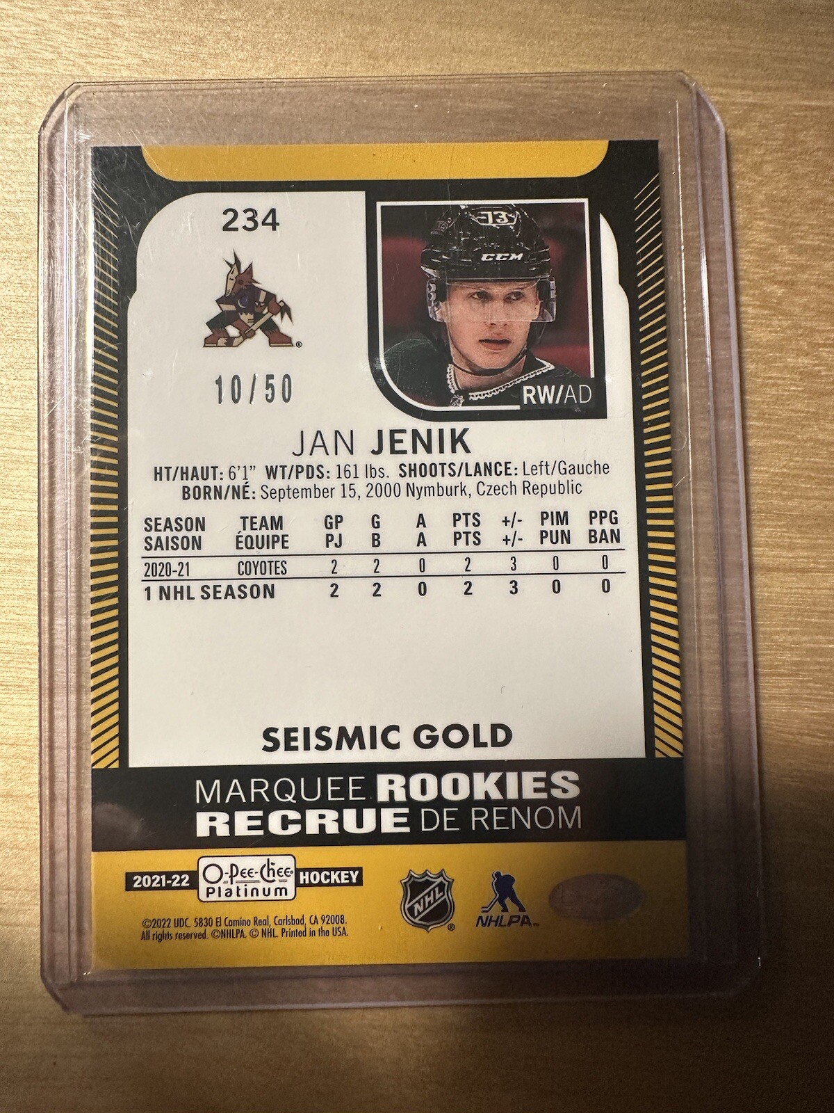 2021-22 O-Pee-Chee Platinum Seismic Gold Marquee Rookies Jan Jenik #234 /50