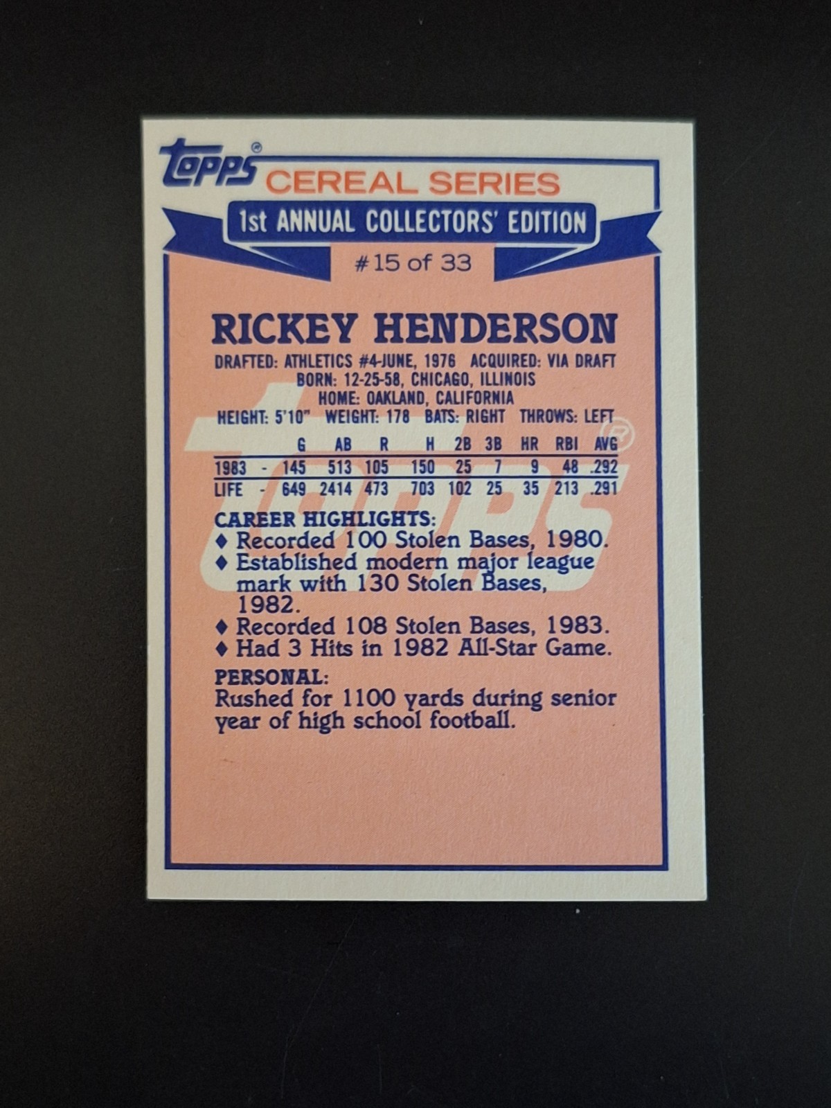 1984 Topps Cereal Series – 1st Annual Collector’s Ed. Rickey Henderson #15