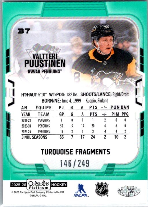 Valtteri Puustinen 2025-26 O-Pee-Chee Platinum Turquoise Fragments #/249