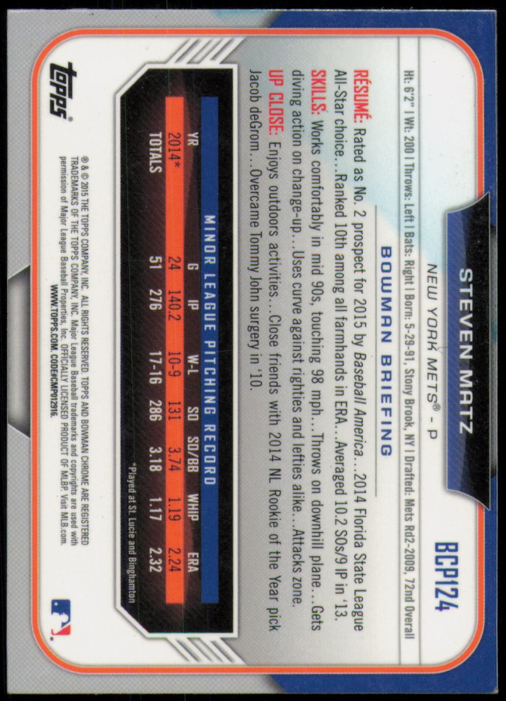 2015 Bowman #BCP124 Steven Matz Chrome Prospects
